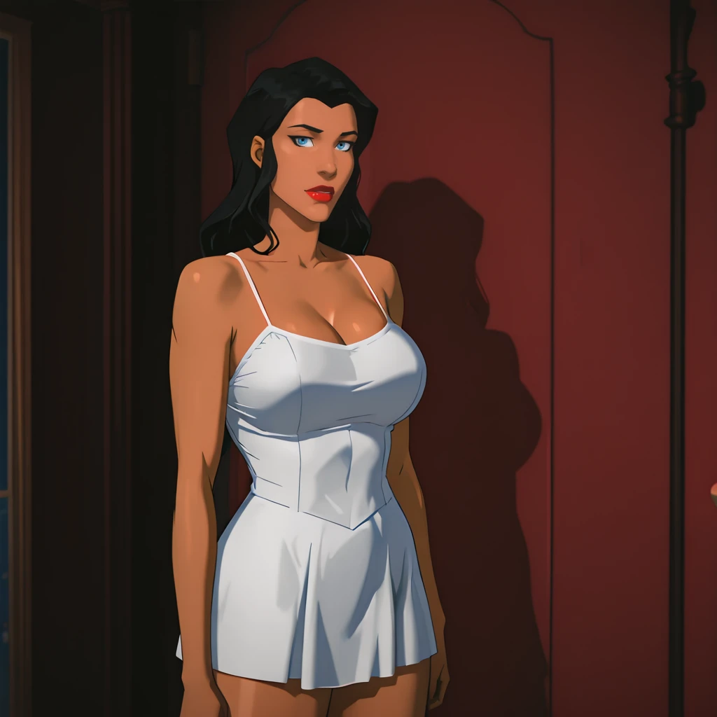 <lora:ZatannaYoungJustice_illustrious_v1:1> zatannaYoungJustice, 1girl,solo, black hair, lipstick, blue eyes, makeup, large breasts, dark skin, red lips, long hair, cowboy shot, <lora:Sexy_simple_dress:0.81> sesidr, short dress, spaghetti strap