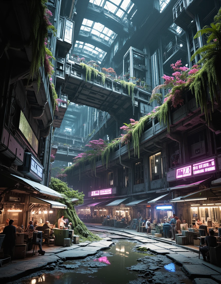 <lora:SWL_Underground1flux:1> swlu1, cyberpunk, underground, futuristic, abandoned, image2, photo of a colossal underground megastructure adapted into a semi-abandoned yet thriving ecosystem, cinematic lighting, side alley perspective. Towering modular arcologies rise with intricate details, their brutalist sci-fi facades softened by thick layers of hanging moss, ivy, and brilliant pink blooming vines. Artificial structures are overtaken by cascading vegetation, with plant life spilling from windows and ducts. Below, makeshift market stalls and communal gathering areas sprawl across cracked transit rails, puddles reflecting soft neon lights from flickering signs above. Small groups of inhabitants sit at open workstations, lit by cool blue and magenta overhead lighting, suggesting a post-collapse yet functional society. The light beams gently cascade from unseen skylights far above, catching drifting dust particles, casting atmospheric glow and soft shadows. Mid-volume fog adds mystique and scale. The environment hums with quiet life, nature and machine merged in visual harmony. Glimpses of past civilization blend with rebirth, enhanced by deep architectural complexity, layered platforms, and overgrown scaffolding. Cinematic realism, dynamic environment, intimate yet expansive visual storytelling.
