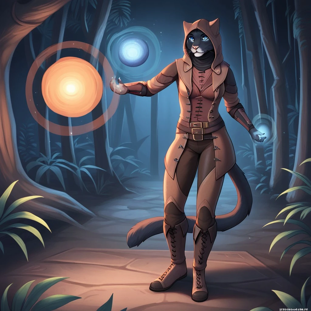 khamira, black fur, blue eyes, furry, feline, grey fur, two-tone fur, hood, jacket, pants, boots, cat hood, belt, magic, floating orbs, moons, standing, solo, 1girl, furry, outdoors, jungle, night, dynamic lighting, detailed