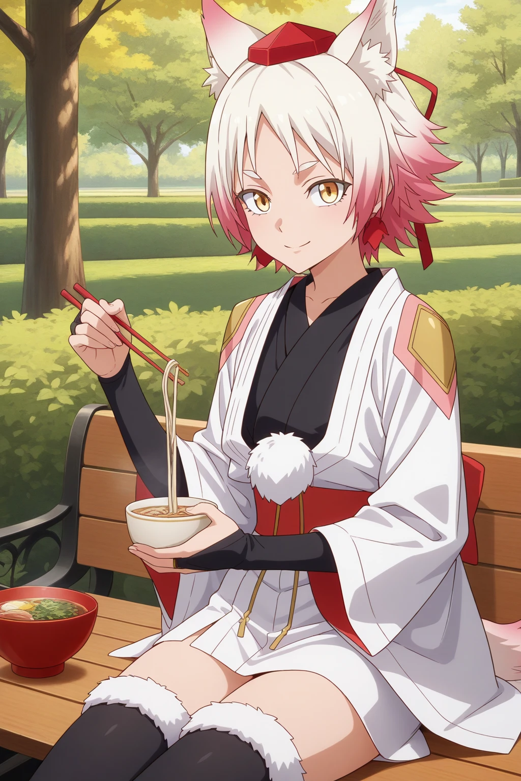 very awa, detailed eyes, shining eyes, masterpiece, best quality, ultra-detailed, (8k), (hdr), absurdres, looking at viewer, solo, 1girl, girl, outdoors, park, daylight, smile, aamomiji, animal ears, yellow eyes, slit pupils, white hair, multicolored hair, red hair, momijidef, tokin hat, black kimono, white haori, short kimono, obi, pom pom, wide sleeves, bridal gauntlets, black thighhighs, fur-trimmed thighhighs, ((sitting, on bench, eaating, chopsticks, soba, cowboy shot))