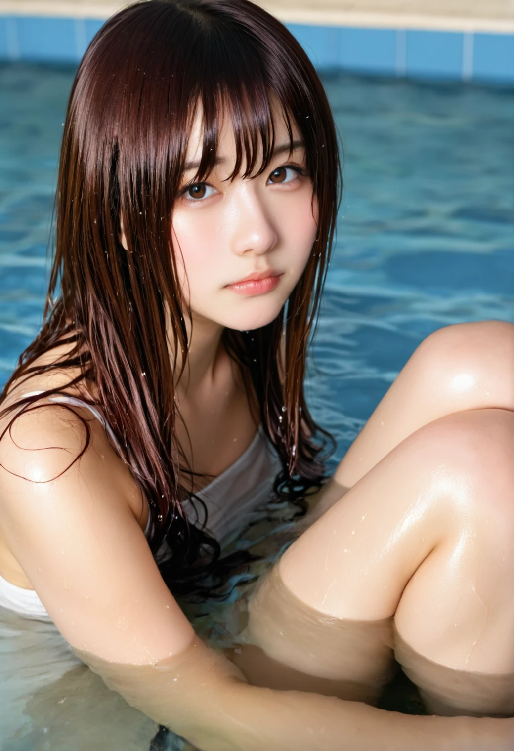 realistic,1girl,younger,wet hair,solo,long gold hair,looking at viewer,closed mouth,bare shoulders,brown eyes,lips,nose,pool,A wet-haired woman gazes intensely,her dark locks clinging to her face and shoulders. Her expression is serious,lips slightly parted,conveying a sense of contemplation or perhaps longing,emphasizing her features and the texture of her damp hair.,