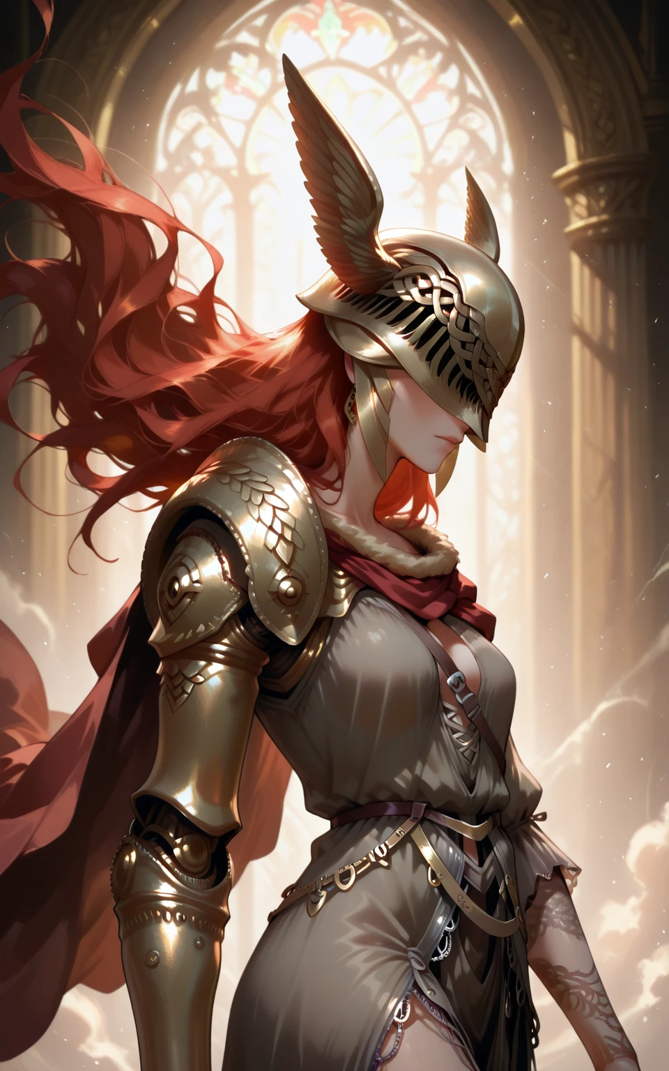 ilmalenia, 1girl, malenia blade of miquella, winged helmet, red hair, long hair, prosthetic arm, solo, helmet, prosthesis, covered eyes, single mechanical arm, armor, dress, mechanical arms, earrings, jewelry, red cape, very long hair, floating hair<lora:illustrious-Malenia -1024x1600:1>