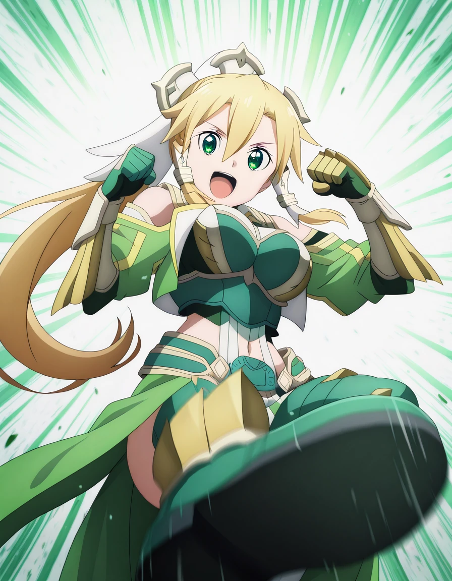 masterpiece, best quality, amazing quality,, <lora:suguha-kirigaya-s3-illustriousxl-lora-nochekaiser:1>, suguha kirigaya, leafa (sao), long hair, blonde hair, hair ornament, green eyes, ponytail, hair tubes, mature female, breasts, anime screencap, <lora:zinogre-armor-illustriousxl-lora-nochekaiser:1>, zinogre armor, zinogre (armor), armor, gauntlets, navel, midriff, spiked armor, blue armor, shoulder armor, fake animal ears,, <lora:kamen-rider-kick-illustriousxl-lora-nochekaiser:1>, kamen rider kick, looking at viewer, open mouth, kicking, flying kick, motion lines, motion, hands up, clenched fist,, smile, open mouth, ,
