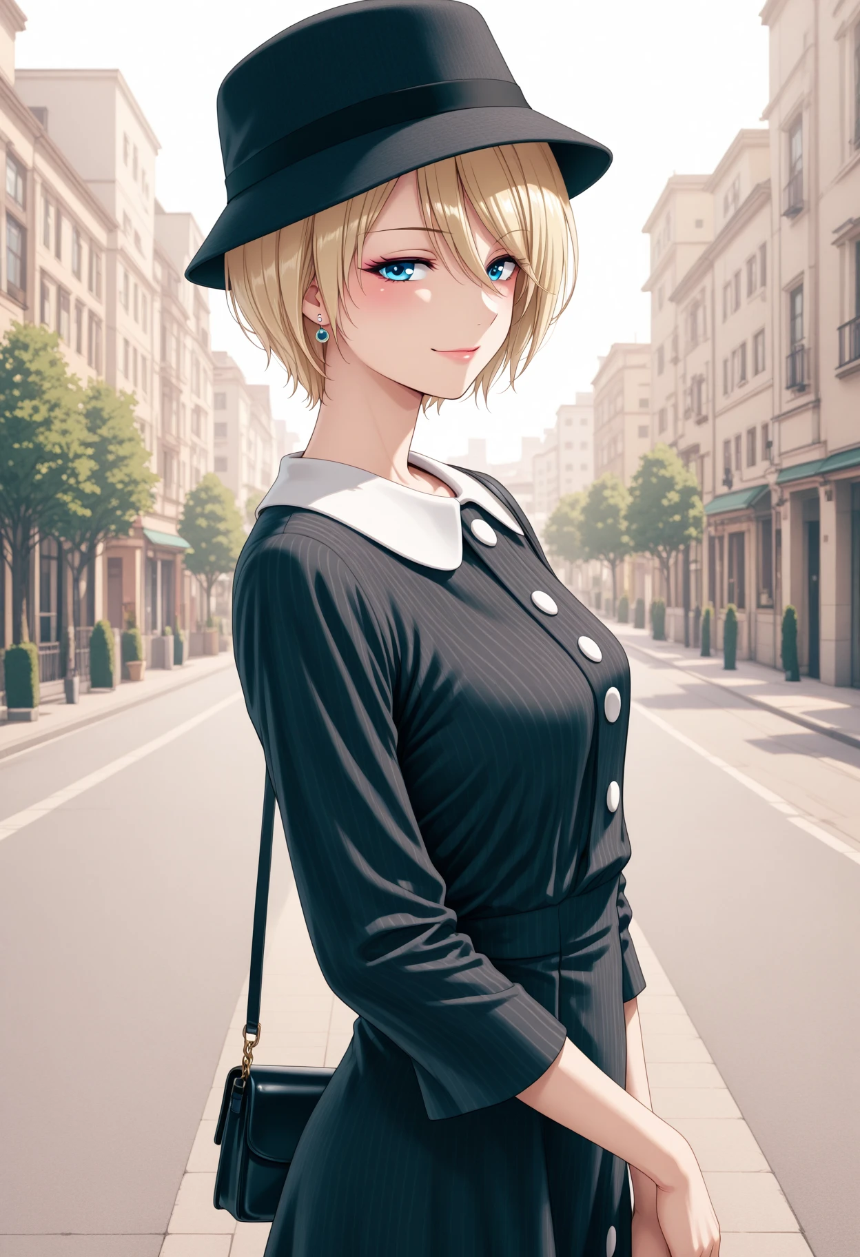 masterpiece, best quality, amazing quality, 1girl, solo, makeup, perspective, general, looking at viewer, dynamic angle, cowboy shot, smile, outdoors, serene, from side, blush, lovely, cool, posing, city square, looking at viewer, <lora:TerraceAkane:1>, TerraceAkane, short hair, blue eyes, blonde hair, hair between eyes, breasts, <lora:Showa_Retro_Black_Dress:1>, Showa_Retro_Black_Dress, dress, black dress, long sleeves, collared dress, white buttons, jewelry, earrings, shoes, hat, black headwear, bag, handbag, <lora:wai-Rectified-s:1>, <lora:prompt_extend:1>