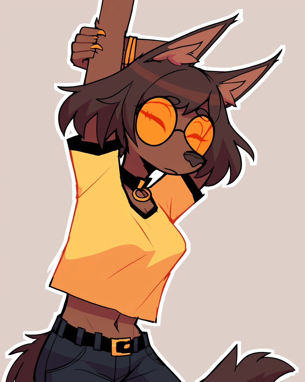 score_9_up, score_8_up, score_7_up, score_6_up, by remanedur, half-length portrait, female, tinted glasses, round glasses, prick ears, inner ear fluff, collar, tail, bracelet, medium breasts, brown hair, furry, yellow shirt, stretching, head tilt, navel, black jeans, belt, midriff, dog, short hair, solo, simple background, white outline, <lora:Leah_Pines(AIM)_XL_v1:0.15> <lora:PDXL_artist_tags_v2_big:0.5> <lora:The-Minuscule-Task_PDXL_v1.0:0.6> <lora:Lulu_GENCZILLA:0.75>