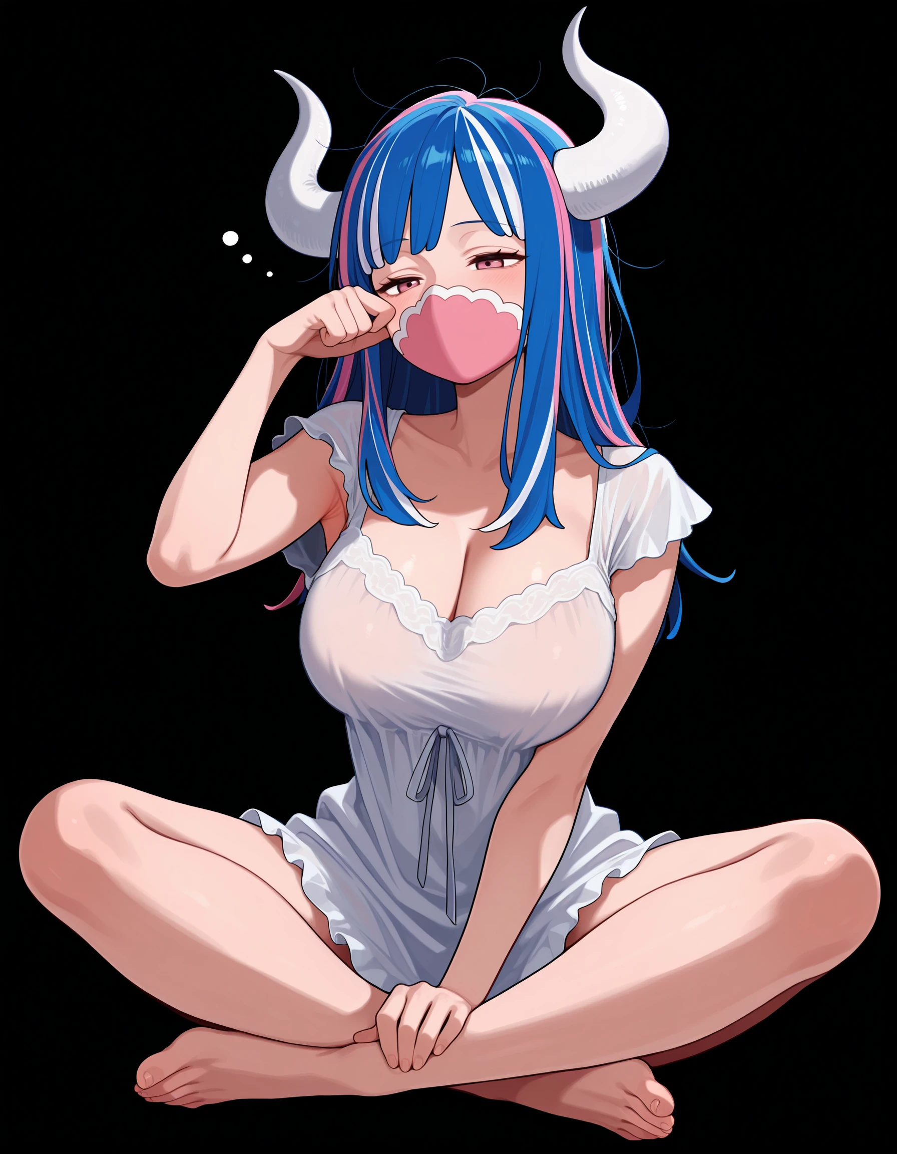 (masterpiece, best quality:1.4), cinematic light, colorful, high contrast, (1girl), UltiOP, onepieceanime, ((large breasts)), multicolored hair, long hair, blue hair, pink hair, bangs, horns, blush, armpits, night, bath, bathing, nude, desnudo