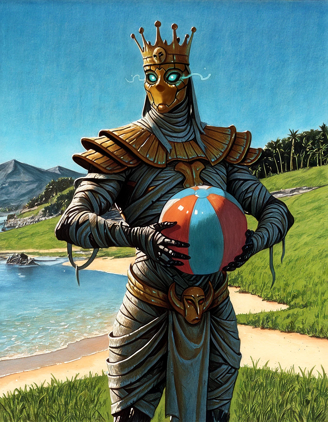 masterpiece, realism, traditional media, solo, armor, 1other, manly, no mouth, no nose, undead mummy, wrapped with white cloth, glowing eyes, golden mask, crown,
beach, holding beachball, blue sky, green grass, river,
<lora:Warhammer Tombkings Lycoris Illustrious 0.1:0.8>