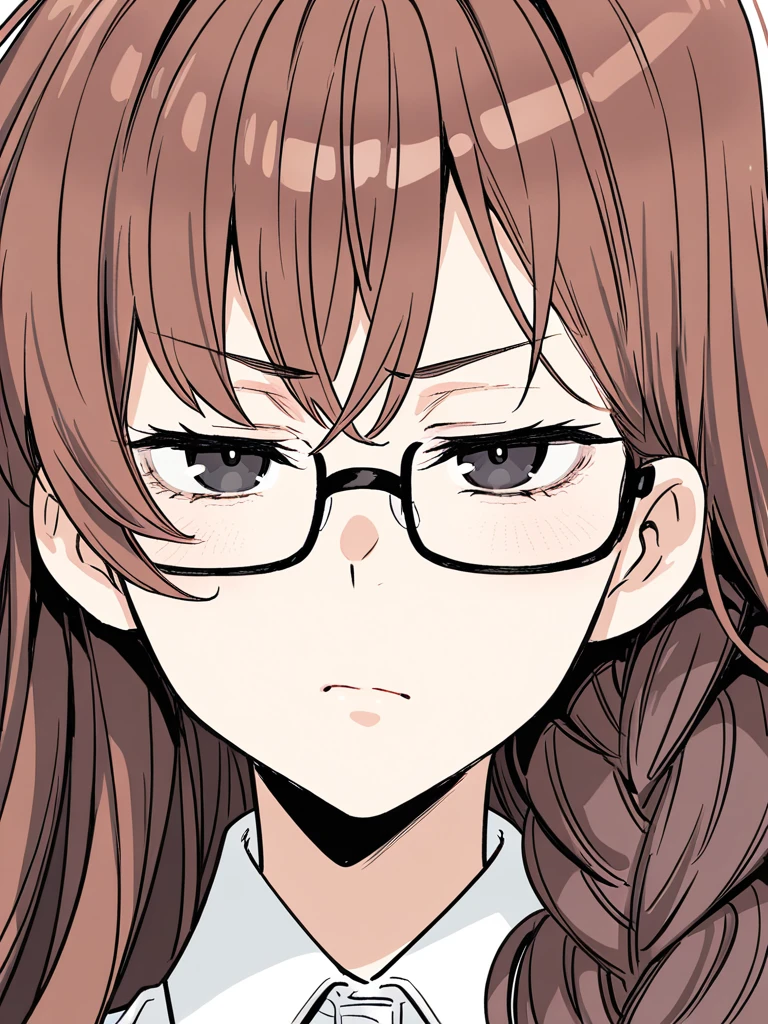 1girl, honjo Nanami, very long hair, brown hair, braid, glasses, black eyes, face, close-up, white shirt, frown, closed mouth, narrowed eyes, looking at viewer,