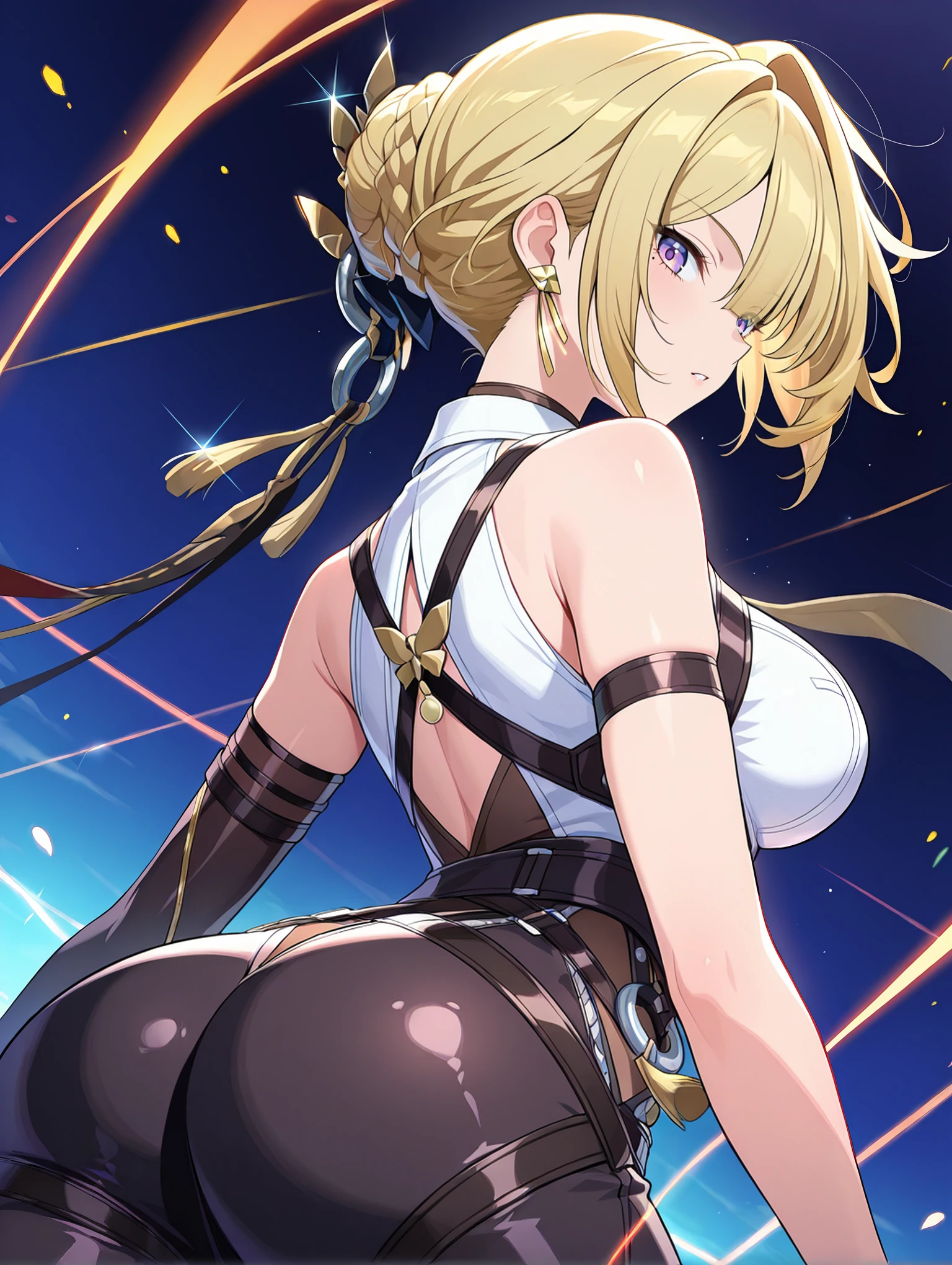 black magical girl、t-back、emphasize the buttocks、rear view、super breasts、thick-thighs、hair blonde、magic circle