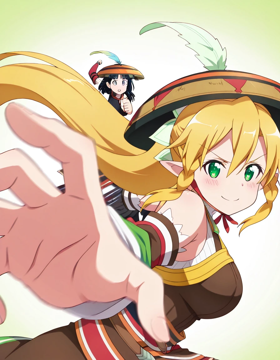 masterpiece, best quality, amazing quality,, <lora:suguha-kirigaya-s1-illustriousxl-lora-nochekaiser:1>, suguha kirigaya, leafa (sao), long hair, blonde hair, hair between eyes, green eyes, ponytail, braid, pointy ears, twin braids, mature female, breasts, anime screencap, <lora:yukumo-armor-illustriousxl-lora-nochekaiser:1>, yukumo armor, yukumo (armor), hat, feather, bare shoulders, chin strap, detached sleeves, hakama, hakama skirt, hat feather, japanese clothes, ribbed sweater, skirt, sleeveless, sleeveless turtleneck, sweater, turtleneck,, <lora:pepe-punch-illustriousxl-lora-nochekaiser:1>, pepe punch, looking at viewer, blush, smile, simple background, closed mouth, clenched fist, foreshortening, punching, incoming punch, incoming attack, surprised, , ,