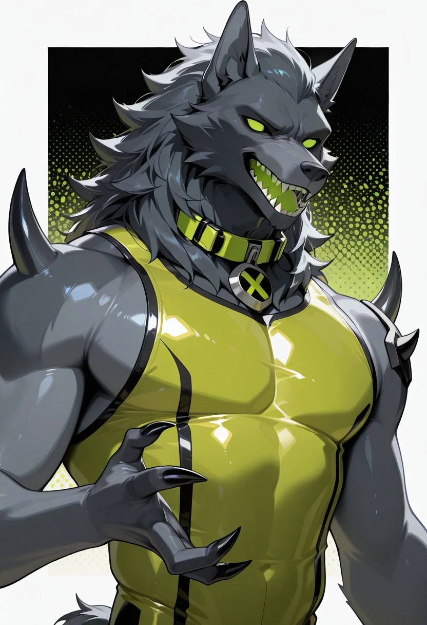 <lora:blitzwolfer-07:1> blitzwolfer, solo, 1boy, furry, tail, green eyes, black claws, wolf, mane, fluffy mane, sharp teeth, green swimsuit, sleeveless, green collar, black head, light grey snout, feral,   , masterpiece, best quality, amazing quality, very aesthetic, absurdres, newest,, upper body, halftone effect, white borders, abstract background:1.2, massive arms, spikes on shoulder and elbows