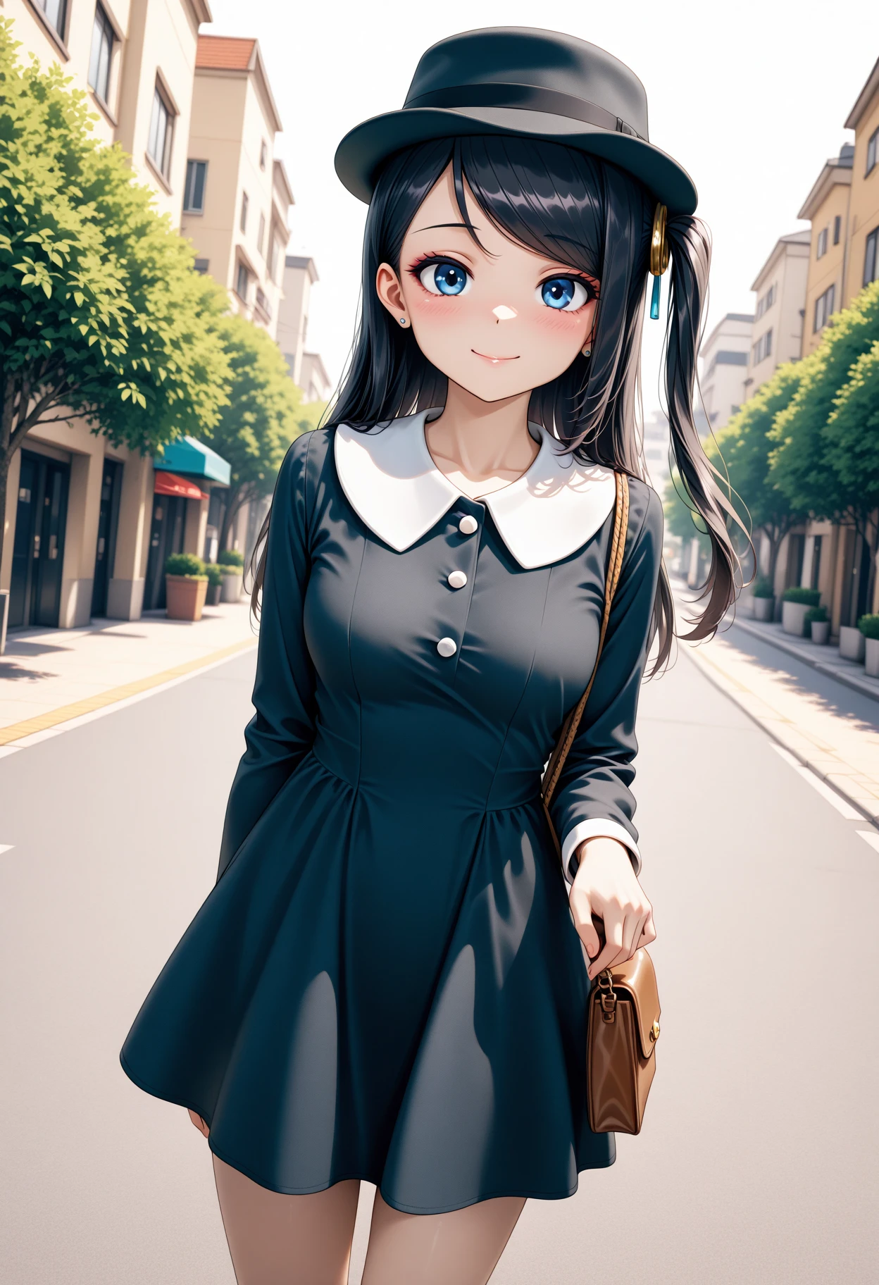 masterpiece, best quality, amazing quality, 1girl, solo, makeup, perspective, general, looking at viewer, dynamic angle, cowboy shot, outdoors, posing, serene smile, dating, blush, shy, lovely, looking at viewer, <lora:KRTGirlsXiaoQiong:0.8>, long hair, black hair, one side up, blue eyes, medium breasts, swept bangs, <lora:Showa_Retro_Black_Dress:1>, Showa_Retro_Black_Dress, dress, black dress, long sleeves, collared dress, white buttons, jewelry, earrings, shoes, hat, black headwear, bag, handbag, <lora:wai-Rectified-s:1>, <lora:prompt_extend:1>