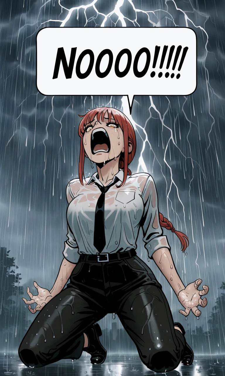 embedding:IllusP0s, f3rn4nd0, speech bubble, NOOO!!!, screaming, kneeling, makima, white shirt, black tie, 1girl, solo, contrast lighting, outdoors, arms by side, thunderstorm, raining,<lora:NOOO_illustrious.safetensors:1.0:1.0> <lora:Style_soph-Fernando-ILXL.safetensors:1:1>