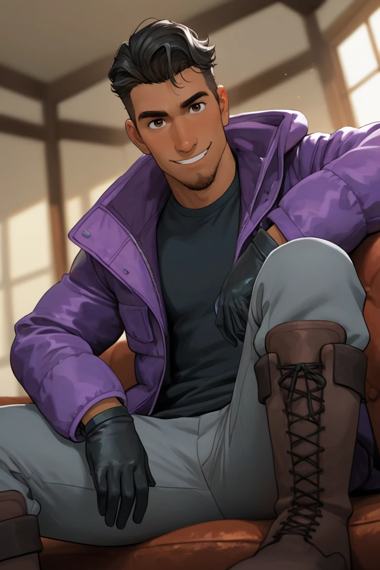 best quality, amazing quality, very aesthetic, absurdres, newest, dynamic angle, intricately detailed illustration, depth of field, masterpiece, volumetric lighting, expressive, dynamic action, masterpiece, perfect, clean detail, clean lines, smooth shading, 
BREAK, simple background, smiling, looking at viewer, casual pose, portrait, winter vibes,
BREAK, 1boy, male focus, solo,coralpablo,black hair,brown eyes,facial hair,goatee,dark skin, purple jacket, black shirt, grey pants, brown boots, black gloves, 