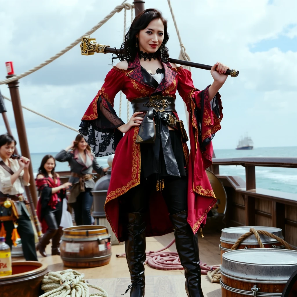 A commanding pirate queen stands on the deck of her ship at sea, exuding authority and swagger. She wears an ornate, high-collared pirate coat in deep crimson and gold, with brass buttons and embroidered trim, cinched at the waist with a wide leather belt holding various pouches and gear. Beneath the coat, a black corset and loose-fitting blouse peek through, paired with dark, weathered trousers tucked into knee-high leather boots with brass buckles. Her hair whips wildly in the sea breeze, adorned with beads, feathers, or a tricorn hat (optional). In her right hand, she wields a curved pirate cutlass with a gleaming blade and a decorated guard, held confidently at her side or raised mid-command. The wooden deck beneath her is slick with ocean spray, ropes and barrels scattered around as the crew busies themselves behind her in blurred motion. The backdrop shows rolling waves under a moody, cloud-filled sky, with the faint silhouette of another ship on the horizon. Her expression is fierce, her stance powerful—a queen of the seas at the height of her reign.