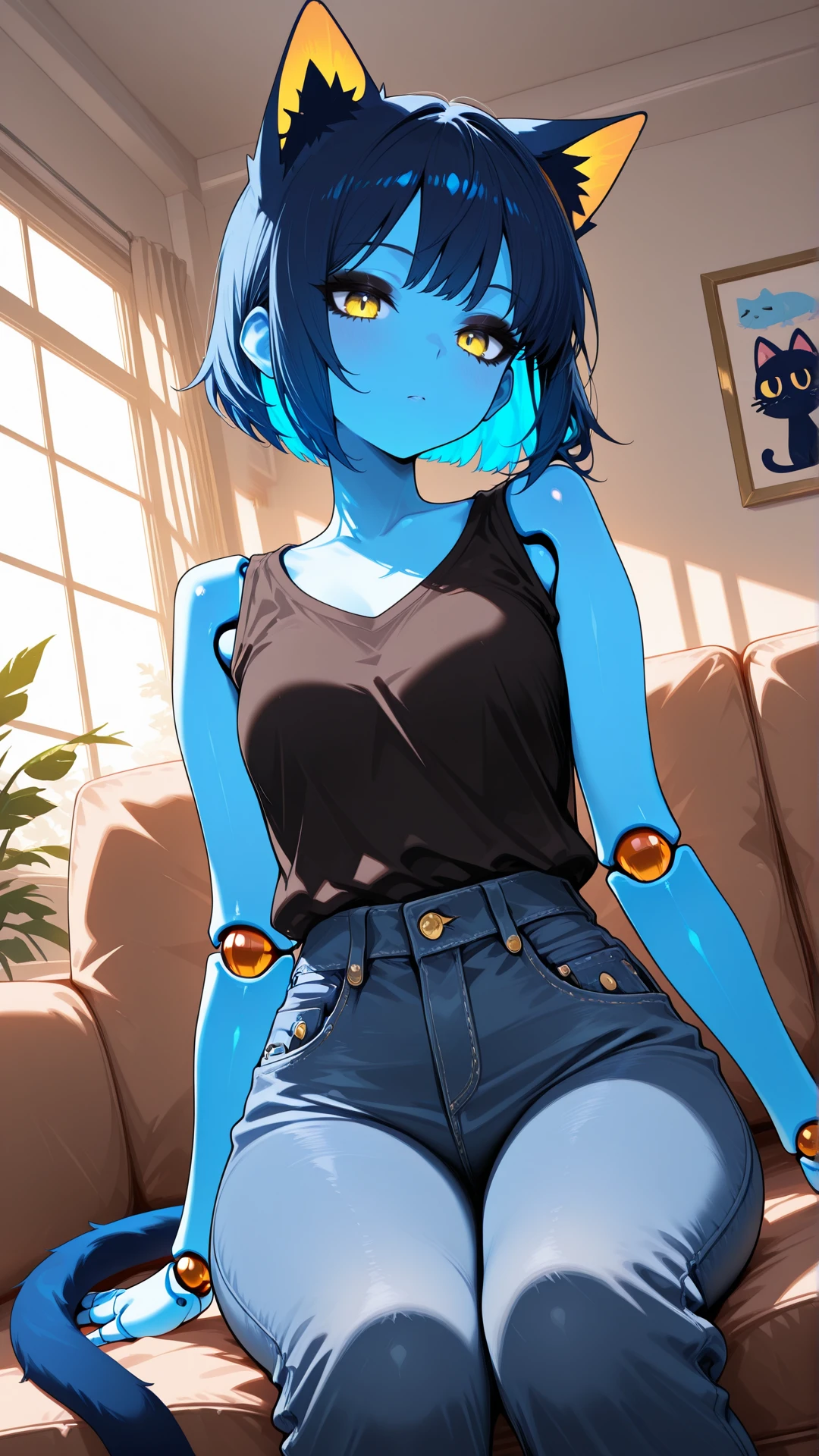 masterpiece, best quality, amazing quality, absurd res,
Flatline, Flat vector illustration, masterpiece, best quality, good quality, very aesthetic, absurdres, newest, 8K, depth of field, focused subject, dynamic closeup angle,
<lora:Capek_mrbalderus_for_Illustrious:1> 1girl, c4pek, cat ears, cat tail, short hair, colored skin, blue skin, yellow eyes, joints, blue hair, black eyeshadow, medium hips, short, dark blue ears, dark blue tail, gold inner ear,
shirt, jeans, indoors, living room, window, sitting on couch,