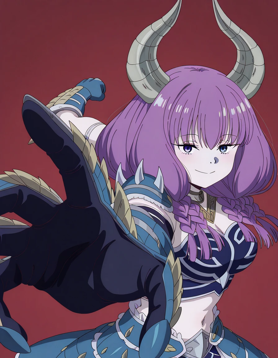 masterpiece, best quality, amazing quality,, <lora:aura-the-guillotine-s1-illustriousxl-lora-nochekaiser:1>, aura the guillotine, aura (sousou no frieren), long hair, purple eyes, purple hair, braid, horns, twin braids, mature female, medium breasts, anime screencap, <lora:zinogre-armor-illustriousxl-lora-nochekaiser:1>, zinogre armor, zinogre (armor), armor, gauntlets, navel, midriff, spiked armor, blue armor, shoulder armor, fake animal ears,, <lora:pepe-punch-illustriousxl-lora-nochekaiser:1>, pepe punch, looking at viewer, blush, smile, simple background, closed mouth, clenched fist, foreshortening, punching, incoming punch, incoming attack, expressionless, open mouth, ,