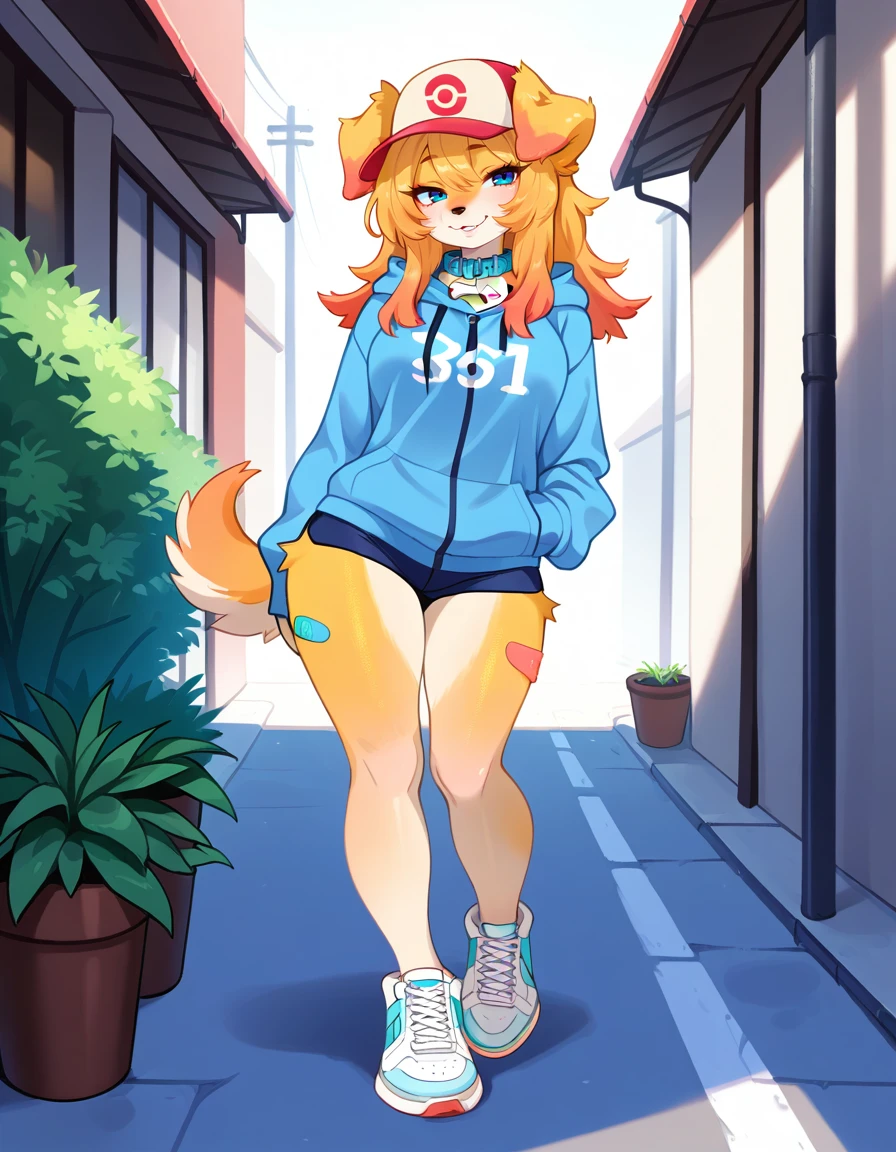 masterpiece, best quality, very aesthetic, absurdres,
outdoors,
full body, seductive smile, parted lips, long eyelashes,
<lora:Blue_v01_NAIXL:1>
81u3,1girl,solo,furry,furry female,dog girl,dog ears,long hair,blonde hair,multicolored hair,orange hair,baseball cap,blue eyes,
snout,animal nose,collar,body fur,two-tone fur,dog tail,