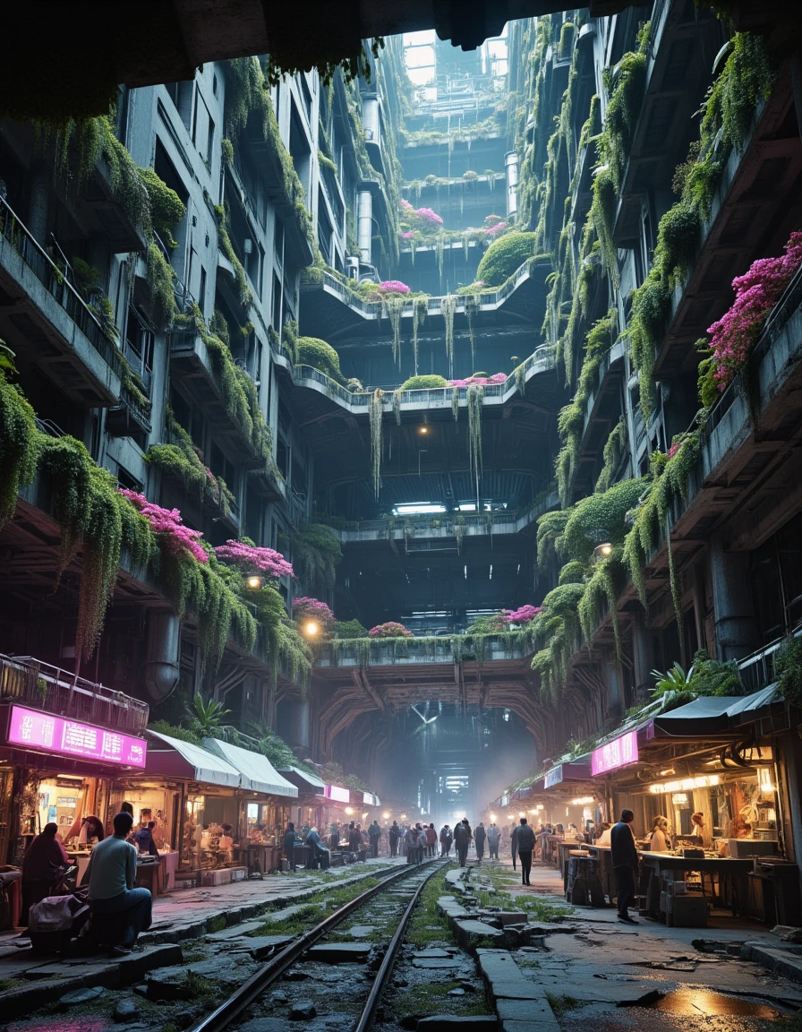 <lora:SWL_Underground1flux:1> photo of a colossal underground megastructure adapted into a semi-abandoned yet thriving ecosystem, cinematic lighting, side alley perspective. Towering modular arcologies rise with intricate details, their brutalist sci-fi facades softened by thick layers of hanging moss, ivy, and brilliant pink blooming vines. Artificial structures are overtaken by cascading vegetation, with plant life spilling from windows and ducts. Below, makeshift market stalls and communal gathering areas sprawl across cracked transit rails, puddles reflecting soft neon lights from flickering signs above. Small groups of inhabitants sit at open workstations, lit by cool blue and magenta overhead lighting, suggesting a post-collapse yet functional society. The light beams gently cascade from unseen skylights far above, catching drifting dust particles, casting atmospheric glow and soft shadows. Mid-volume fog adds mystique and scale. The environment hums with quiet life, nature and machine merged in visual harmony. Glimpses of past civilization blend with rebirth, enhanced by deep architectural complexity, layered platforms, and overgrown scaffolding. Cinematic realism, dynamic environment, intimate yet expansive visual storytelling.