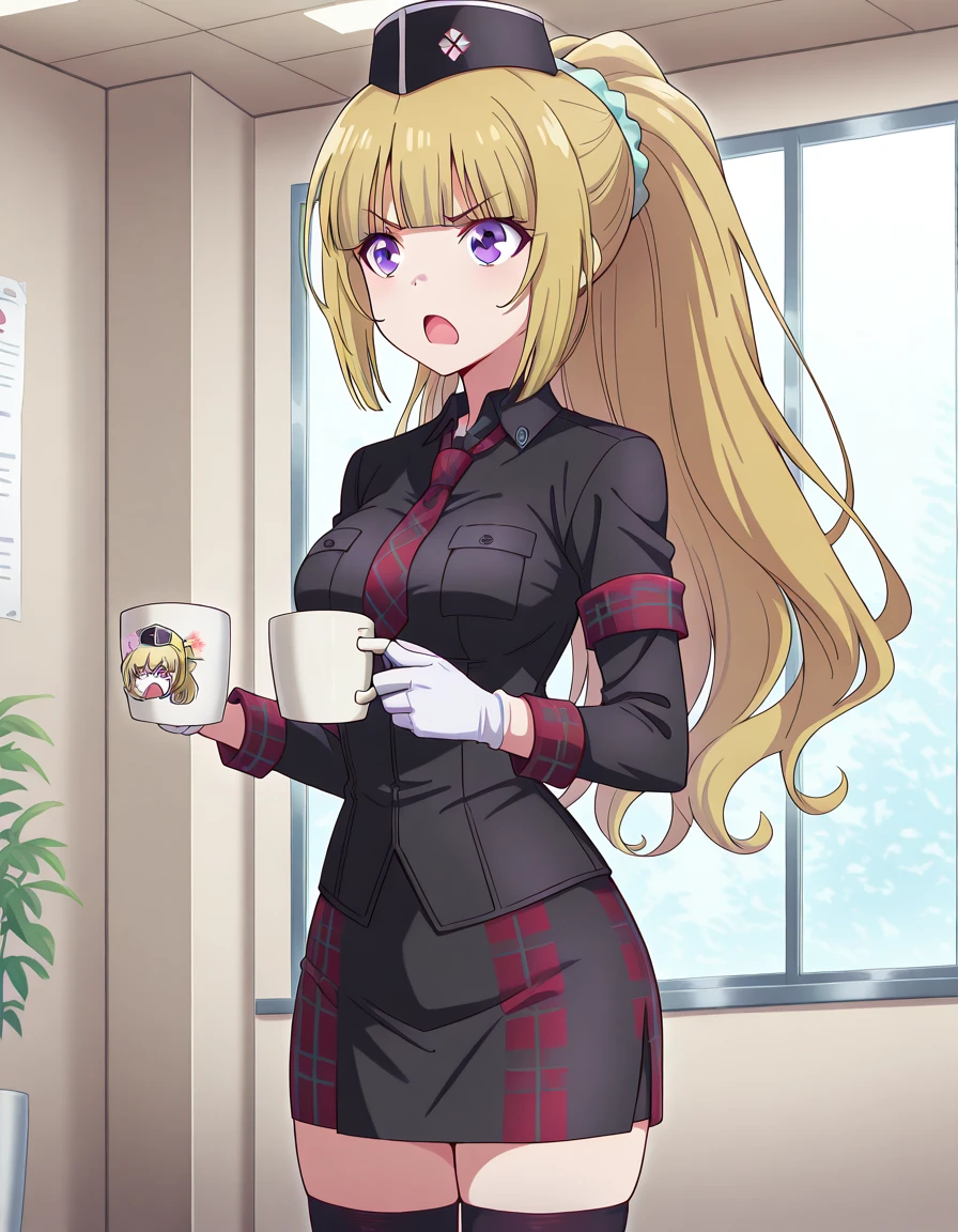 masterpiece, best quality, amazing quality,, <lora:kei-karuizawa-s2-v1-illustriousxl-lora-nochekaiser:1>, kei karuizawa, long hair, bangs, blunt bangs, purple eyes, blonde hair, shirt, hair ornament, ponytail, scrunchie, blue scrunchie, medium breasts,, <lora:healer-u-armor-illustriousxl-lora-nochekaiser:1>, healer u armor, garrison cap, gloves, hat, healer u (armor), military, military uniform, necktie, nurse, skirt, thighhighs, white gloves, zettai ryouiki, plaid,, <lora:shinji-holding-a-mug-illustriousxl-lora-nochekaiser:1>, shinji holding a mug, holding, cup, frown, holding cup, mug, indoors, solo, angry, open mouth, ,