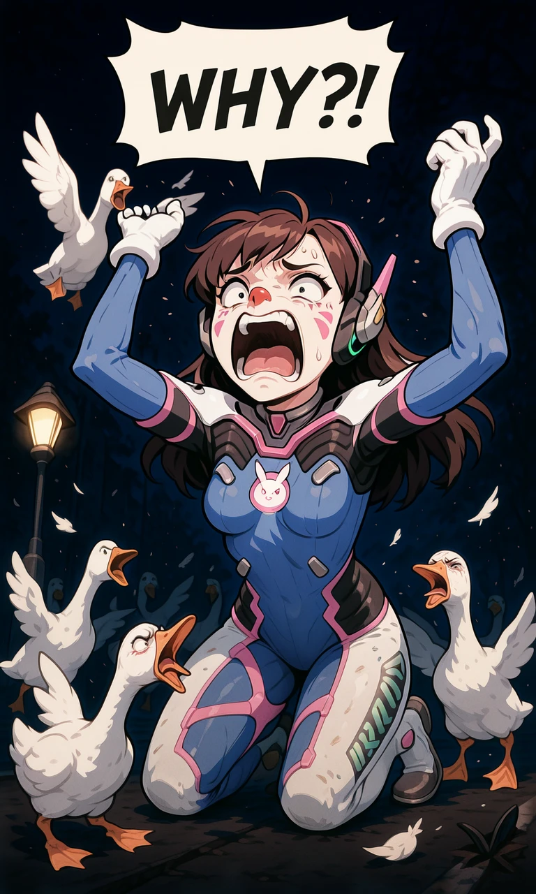 embedding:IllusP0s, goose ambush, 6+geese, WHY?!, speech bubble, screaming, kneeling, d.va_\(overwatch\), clown nose, scared, outdoors, night, contrast lighting, low angle,<lora:why_illustrious.safetensors:1.0:1.0> <lora:goose ambush_illustrious.safetensors:1:1>