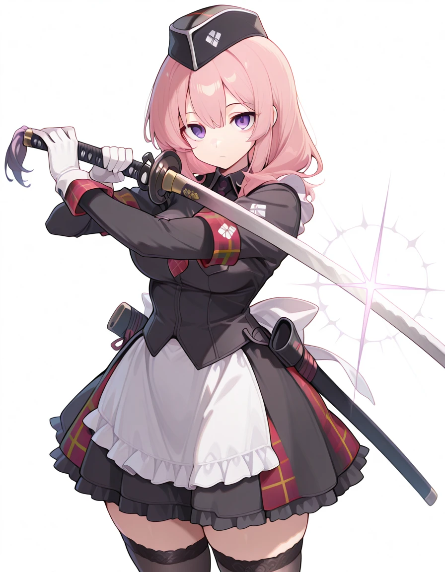 masterpiece, best quality, amazing quality,, <lora:CivChan:1>, CivChan, purple eyes, pink hair, mature female, breasts, maid headdress, , <lora:healer-u-armor-illustriousxl-lora-nochekaiser:1>, healer u armor, garrison cap, gloves, hat, healer u (armor), military, military uniform, necktie, nurse, skirt, thighhighs, white gloves, zettai ryouiki, plaid,, <lora:sword-guard-stance-illustriousxl-lora-nochekaiser:1>, sword guard stance, sword, weapon, solo, katana, holding, holding weapon, holding sword, looking at viewer, jumpsuit, yellow jumpsuit, high collar, cowboy shot, pants,, expressionless, , ,