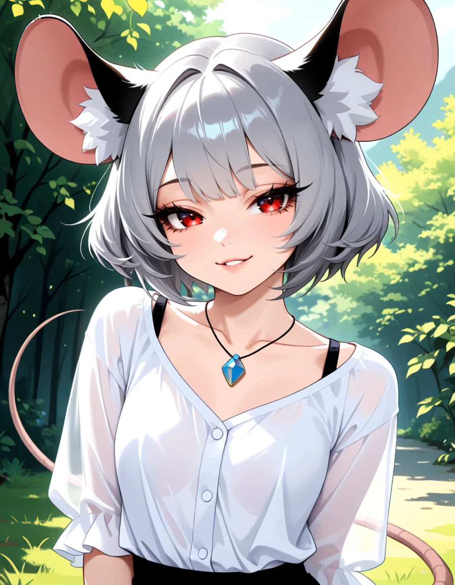 masterpiece, best quality, very aesthetic, absurdres,
outdoors,
upper body, body, standing, posing,
seductive smile, parted lips, long eyelashes,
<lora:Nazrin_v01_NAIXL:1>
N4zr1n,1girl,solo,mouse girl,mouse ears,animal ear fluff,short hair,bangs,grey hair,red eyes,pendant,mouse tail,