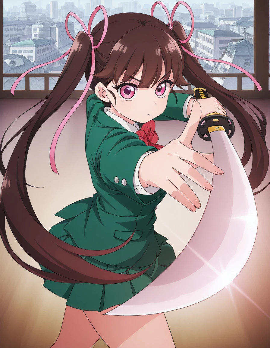 masterpiece, best quality, amazing quality,, <lora:haru-arisugawa-s1-illustriousxl-lora-nochekaiser:1>, haru arisugawa, arisugawa haru, long hair, brown hair, ribbon, twintails, hair ribbon, pink eyes, anime screencap, bow, school uniform, jacket, green jacket,, <lora:gatotsu-stance-illustriousxl-lora-nochekaiser:1>, gatotsu stance, weapon, sword, katana, holding weapon, holding, holding sword, foreshortening,, Buildings, architecture, man_made, urban, interior, cowboy shot, solo, looking at viewer