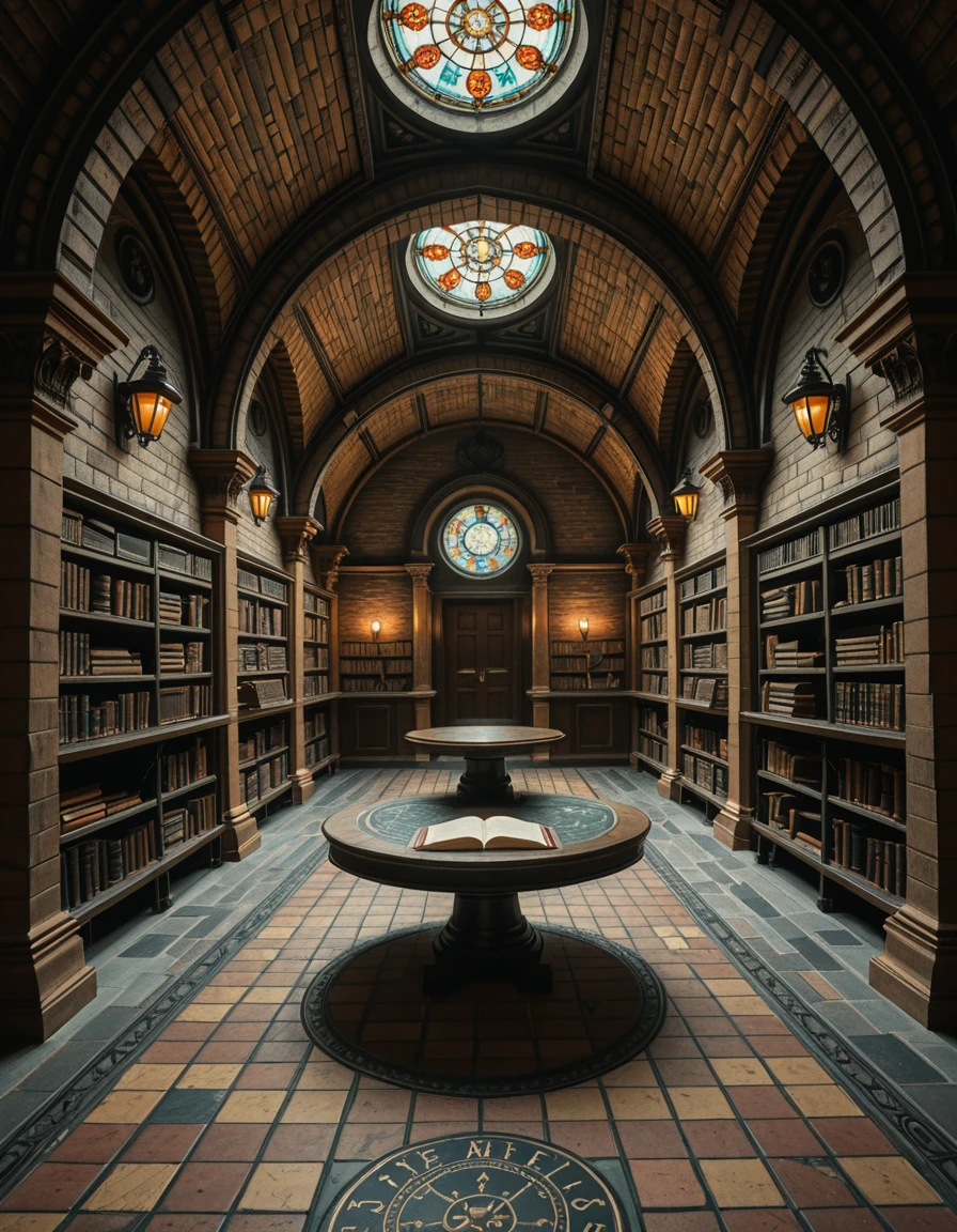 A hidden underground archive beneath a centuries-old library. The room is dimly lit by wrought iron lamps mounted on stone columns, casting flickering shadows across ancient brick walls. Long, vaulted ceilings arch overhead, and the scent of parchment and dust fills the air. Endless rows of oak shelves stretch into the distance, each packed with leather-bound tomes, scrolls sealed with wax, and mysterious artifacts locked behind glass cases. An intricate mosaic of alchemical symbols decorates the tiled floor, and in the center of the space, a circular reading table sits under a skylight made of stained glass, filtering colored light into the chamber. The ambiance is hushed, sacred, and steeped in secrets.hidden underground 4rch1v3, <lora:hidden_underground_4rch1v3-i:1>, Masterpiece,best quality,hi res,8k,hi res,8k,award winning,(sharp focus, intricate, highly detailed),