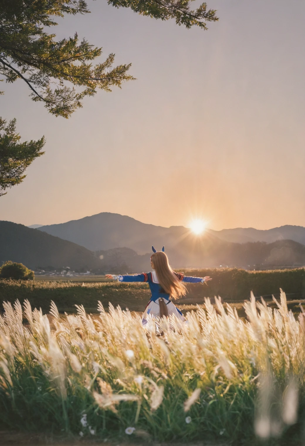 scenery,realistic,grass wonder \(umamusume\),1girl,solo,long hair,shirt,skirt,brown hair,long sleeves,animal ears,very long hair,tail,closed eyes,outdoors,sky,day,from behind,vest,tree,horse ears,horse girl,sunlight,outstretched arms,horse tail,lens flare,mountain,sun,spread arms,field,mountainous horizon,landscape,sunrise,wheat,hazy light,ray,bright,faded background,A girl stands amidst tall,white flowers,arms outstretched. The sun shines brightly behind her,casting a warm glow over the landscape. She wears a blue jacket and has long,flowing hair. peaceful,with mountains in the distance.,