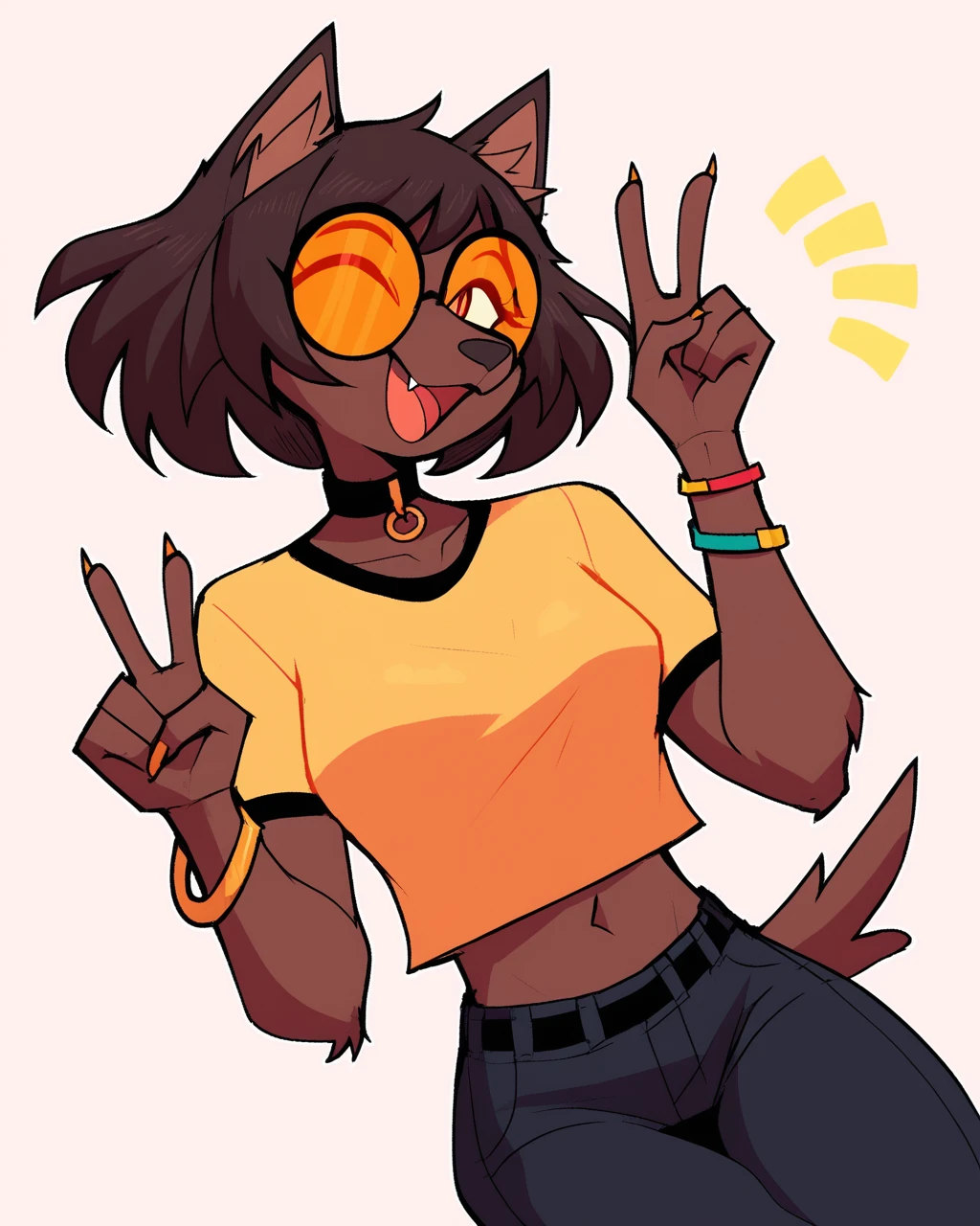 score_9_up, score_8_up, score_7_up, score_6_up, by remanedur, female, tinted glasses, round glasses, prick ears, inner ear fluff, collar, tail, bracelet, medium breasts, brown hair, furry, yellow shirt, wink, head tilt, sneakers, navel, black jeans, belt, midriff, dog, short hair, looking at viewer, solo, pose, v sign, happy, simple background, white outline, <lora:Leah_Pines(AIM)_XL_v1:0.15> <lora:PDXL_artist_tags_v2_big:0.5> <lora:The-Minuscule-Task_PDXL_v1.0:0.6> <lora:Lulu_GENCZILLA:0.75>
