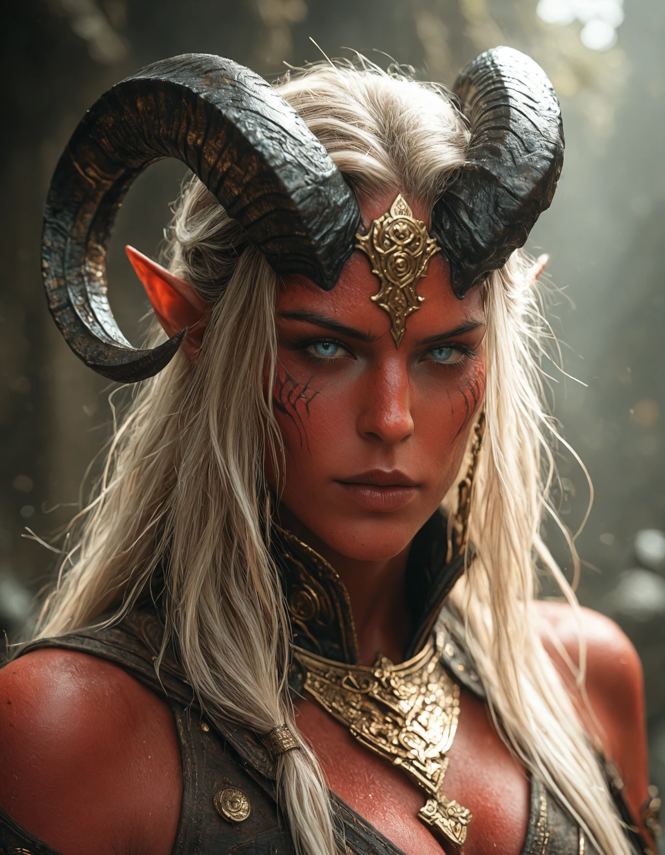 masterpiece, best quality, amazing quality, very aesthetic, high resolution, absurdres, newest, photorealism, realistic,, Close up portrait of an ancient blue-skinned tiefling with golden accents, he has long hair and beard and horns on his head, in the style of fantasy art, cinematic, octane render, hyper detailed, volumetric lighting, cinematic shot, in the style of artstation. hkevil, <lora:BeautyInEvilIL:1>