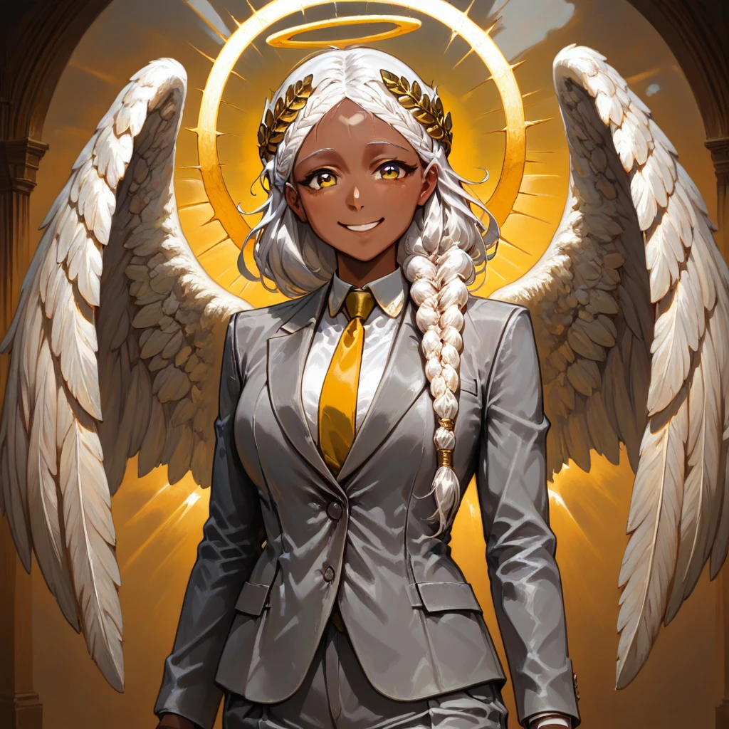 masterpiece, best quality, newest, absurdres, highres, GOTPV1.0, 1girl, dark skin, dark-skinned female, grey suit, suit official attire, official clothes, nectie, yellow necktie, white hair, long hair, braid, single braid, angel, angel girl, halo, wings, angel wings, smile, happy, open eyes, golden eyes, laurel crown,