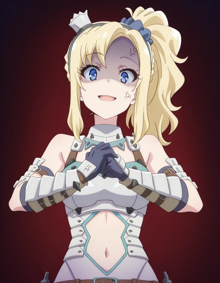 masterpiece, best quality, amazing quality,, <lora:nodoka-toyohama-s1-illustriousxl-lora-nochekaiser:1>, nodoka toyohama, toyohama nodoka, bangs, blue eyes, blonde hair, hair ornament, sidelocks, side ponytail, scrunchie, hair scrunchie, blue scrunchie, braid, mature female, small breasts, anime screencap, <lora:barioth-armor-illustriousxl-lora-nochekaiser:1>, barioth armor, armor, barioth (armor), elbow gloves, gloves, hairband, headgear, bare shoulders, navel, navel cutout, mane, fur, white hair, head band, spiky hair, belt,, <lora:cracking-knuckles-illustriousxl-lora-nochekaiser:1>, cracking knuckles, shaded face, open mouth, looking at viewer, looking down, fist in hand, own hands together, anger vein, false smile,, scared, , ,