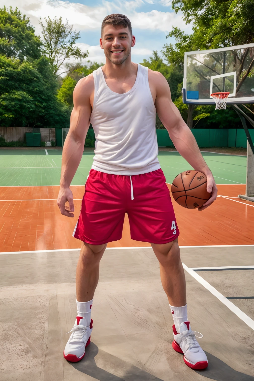 trees in the background, gray concrete, outdoor basketball court, smiling, JustinTheJock is a basketballplayer, (white tank top:1.3), red shorts, white socks, (red hightop sneakers), dribbling basketball, (((full body portrait))), wide angle <lora:Clothing - Sexy Basketball Player:0.5> <lora:JustinTheJock:0.8>