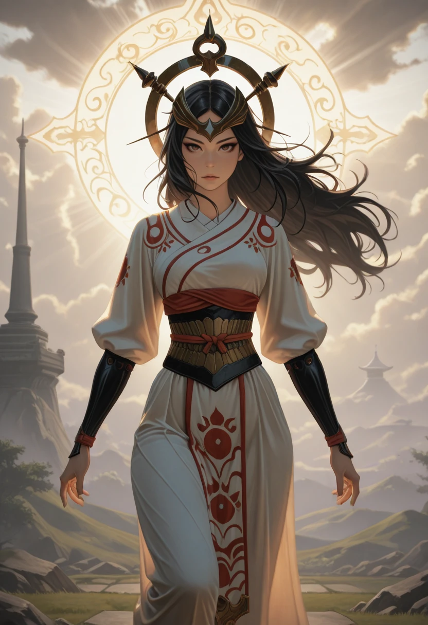 masterpiece, best quality, absurdres, highres, extremely high detail,
<lora:ILSAmaterasu:1.0>
SAmaterasu, 1girl, black hair, long hair, brown eyes, headpiece, looking at viewer, dynamic pose, elegant attire, harsh sunlight, messy hair, wind, outside