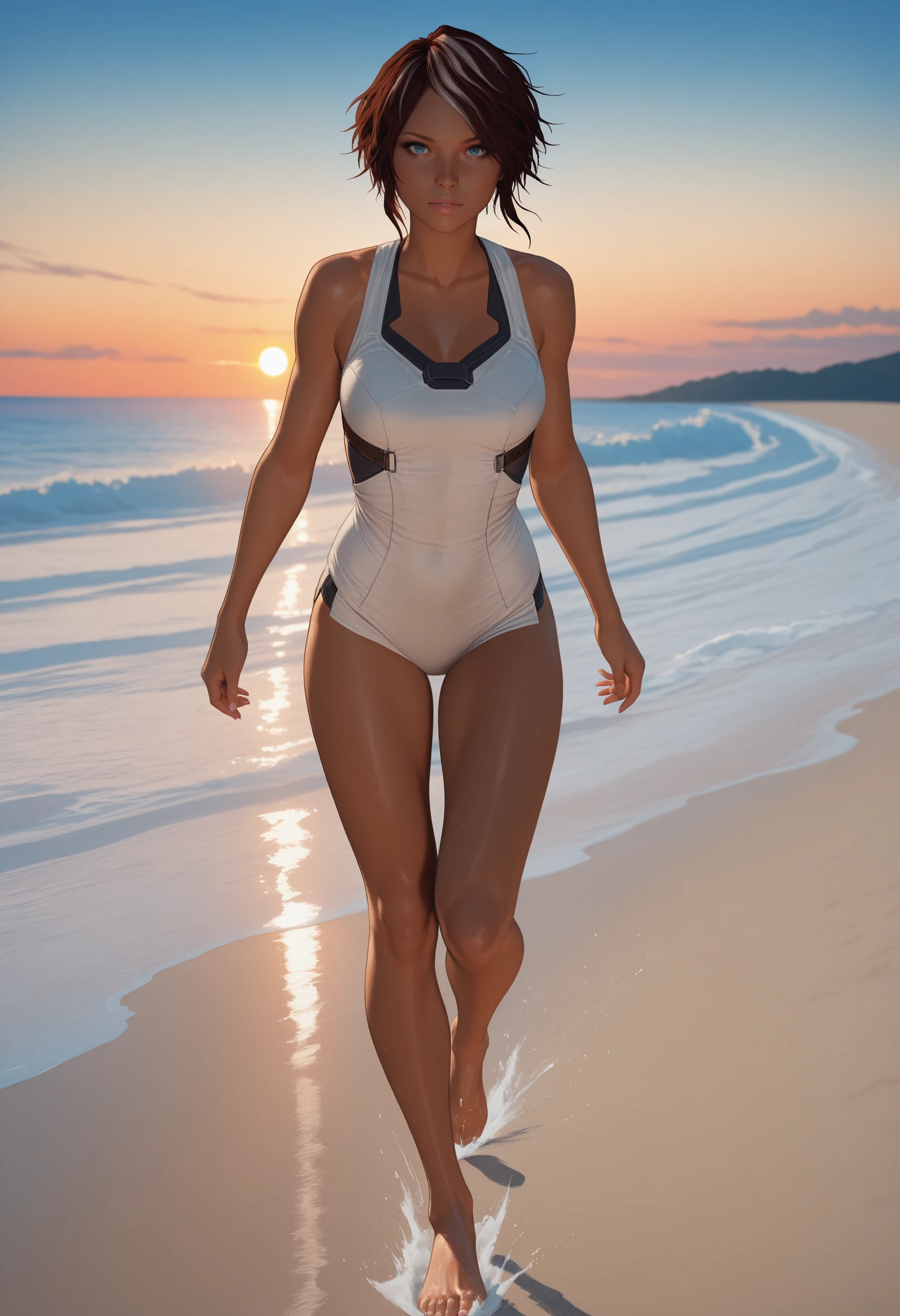 masterpiece, very aesthetic, best quality, absurdres, newest,
<lora:ILRMNilin:1.0>
RMNilin, 1girl, brown hair, white streaks, dark skin, blue eyes, looking at viewer, dynamic motion shot, running barefoot along the beach, sunset sky, soft and cinematic, fashion editorial, legs_crossed