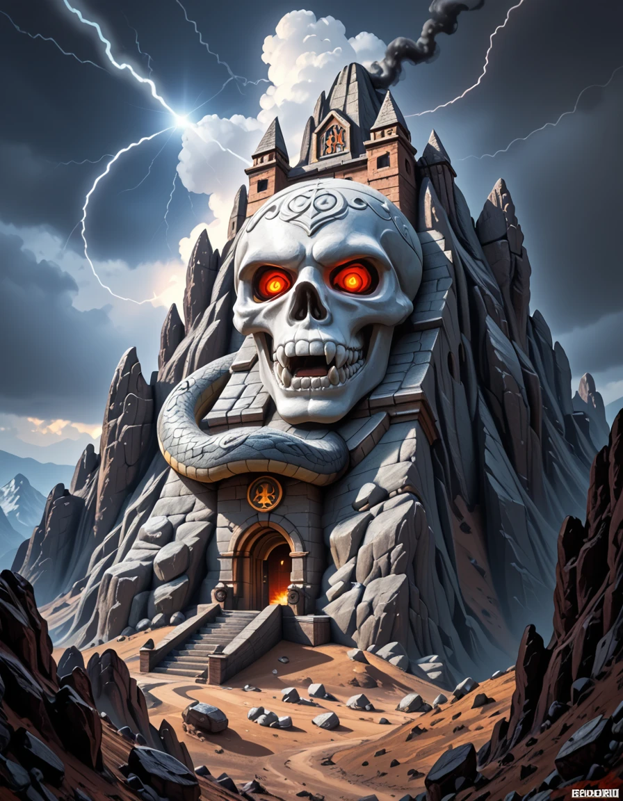 A dramatic, photorealistic view of Snake Mountain, the dark fortress of Skeletor, rising ominously from a barren, jagged landscape under a storm-filled sky. The mountain is twisted and grotesque, with serpent-like architecture coiling around its spires, and a massive demonic skull carved into the rock face serving as its entrance. Glowing red eyes peer from the skull's sockets, and dark smoke billows from vents in the stone. Thunder cracks in the distance, casting sharp flashes of light across the obsidian peaks and shadowed valleys below. The entire scene radiates menace, power, and ancient dark magic.Snake M0unt41n, <lora:Snake_M0unt41n-p:1>,score_9, score_8_up, score_7_up,amazing quality, ultra realistic, 3D, HD, best quality, amazing quality, very aesthetic, absurdres
