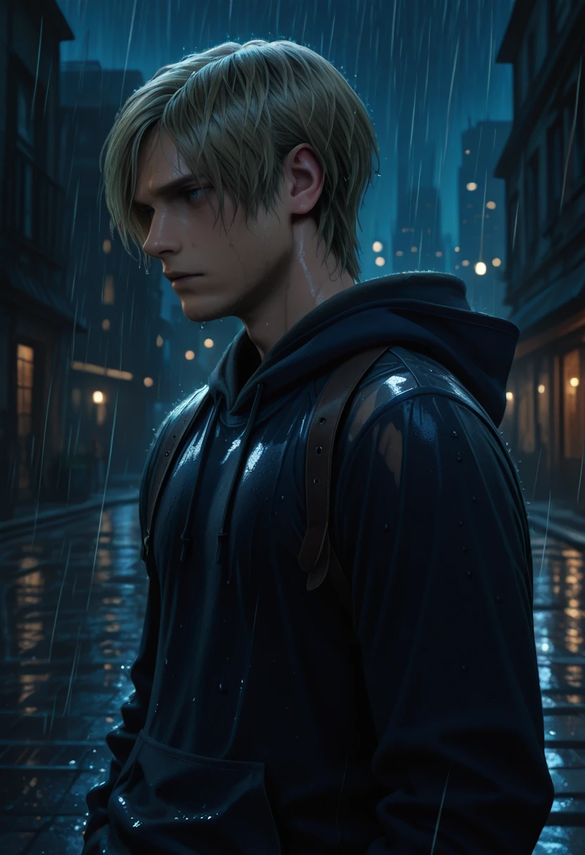 masterpiece, very aesthetic, best quality, absurdres, newest,
<lora:ILRE4Leon:1.0>
RE4Leon, 1boy, solo, blonde hair, short hair, blue eyes, male focus, hoodie, hood down, rain, wet hair, blurry background, city, night, building, outdoors, wet clothes