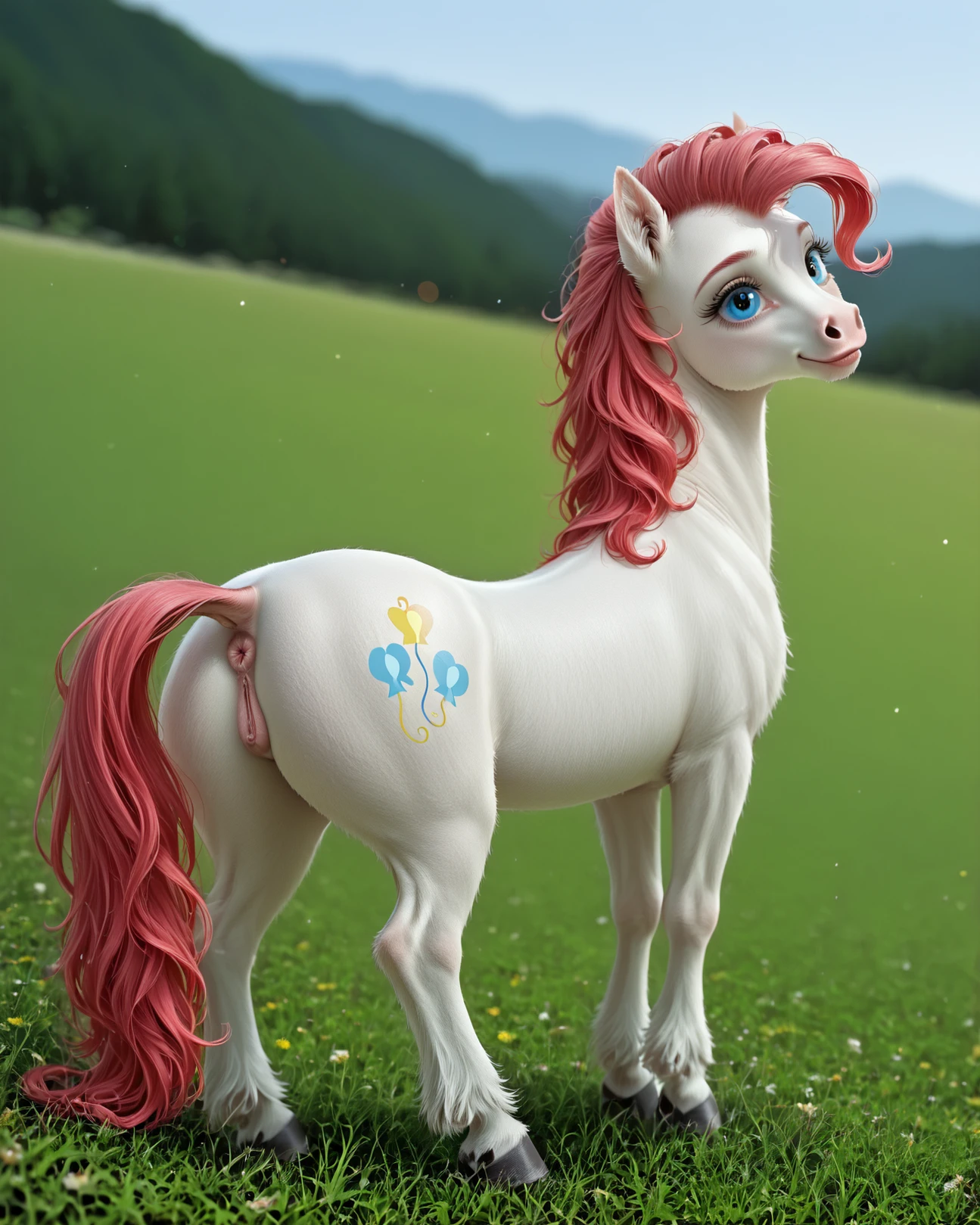 masterpiece, best quality, amazing quality, very aesthetic, absurdres, newest, realistic, photorealism, intricate detail, outdoors, nature, my little pony, plush texture, fluffy, cute, shortstack, field, solo, dutch angle,
1girl, feral, mare, horse, pinkie pie, quadruped, equine pussy, horse pussy, puffy pussy, horse anus, puffy anus, curvy, anatomically correct, from side, cutie mark, head tilt, happy, excited,