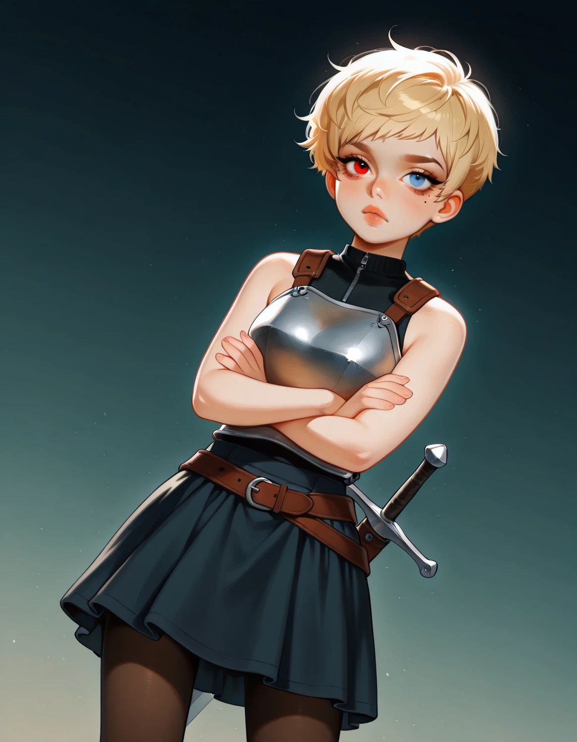 maomaki, sword on hip, rookie, pixie cut, breastplate, petite female,
