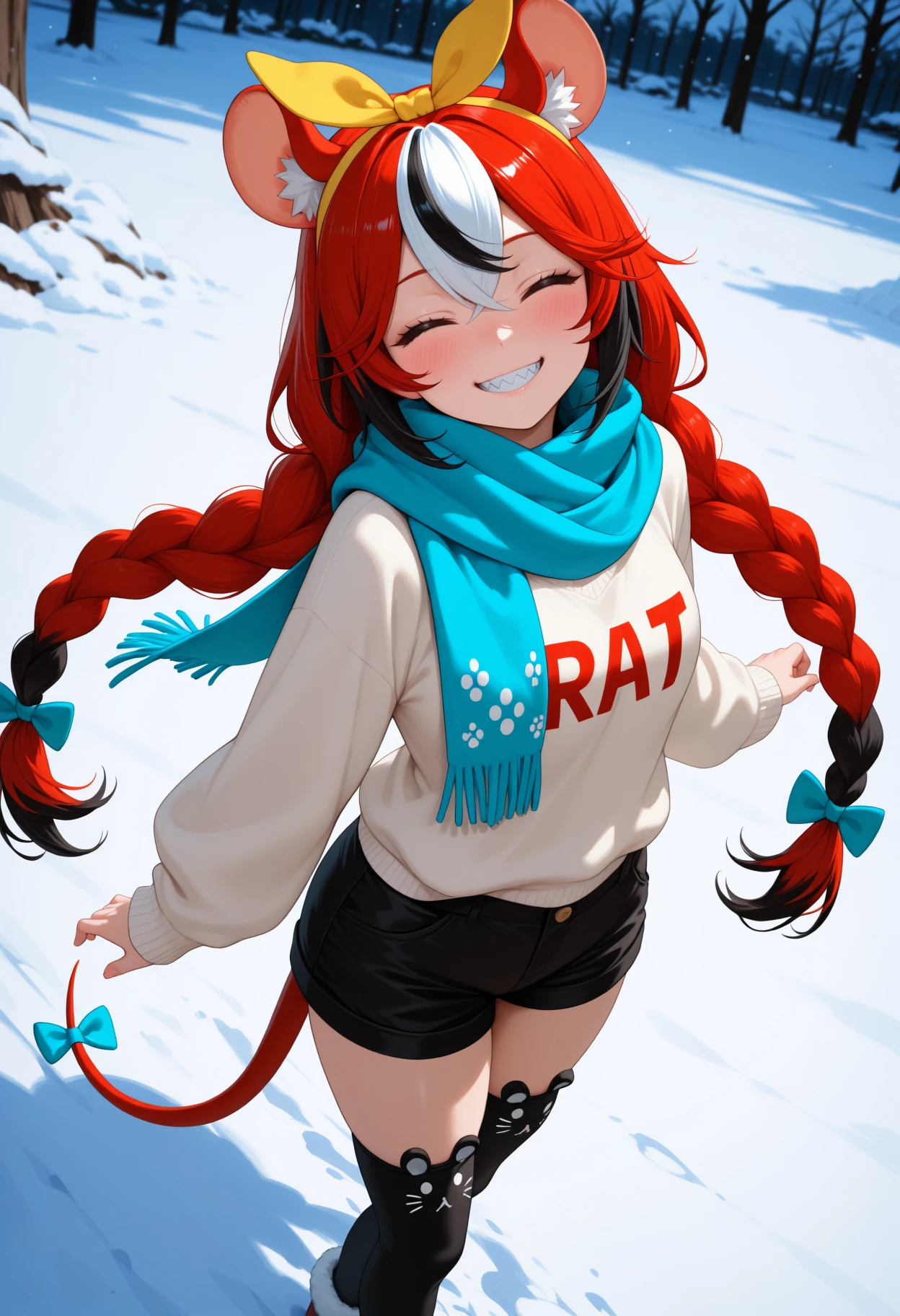 masterpiece, best quality, 1girl, solo, B4elzStrwbrry, multicolored hair, red hair, white hair, black hair, very long hair, low twin braids, animal ears, yellow bow hairband, blue scarf, white sweater, clothes writing, long sleeves, black shorts, black thighhighs, animal ear legwear, tail, tail ornament, outdoors, snow, looking at viewer, dutch angle, from above, smile, grin, sharp teeth, blush, closed eyes, <lora:ChamHakosBaelzNoob:1>