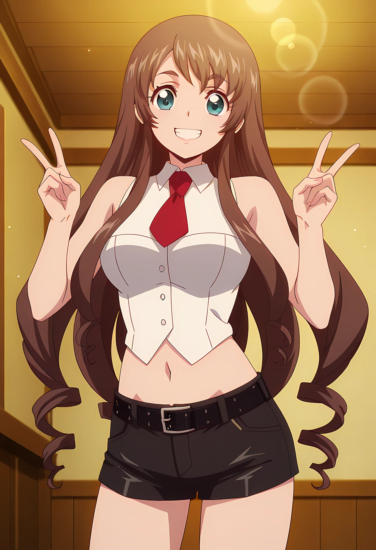 masterpiece,best quality,amazing quality,

1girl, solo,

Tomari Seto (Cardfight Vanguard), dark brown hair, aqua eyes, drill hair,

long hair, red necktie, white shirt, crop top, medium breasts, short shorts, navel, black shorts, midriff, belt, necktie, sleeveless shirt,
Smile, looking at viewer, 

cinematic, smile, teeth, double v,

Indoors, 

Lens flare, bloom,

Official style, anime screencap, anime coloring,
















