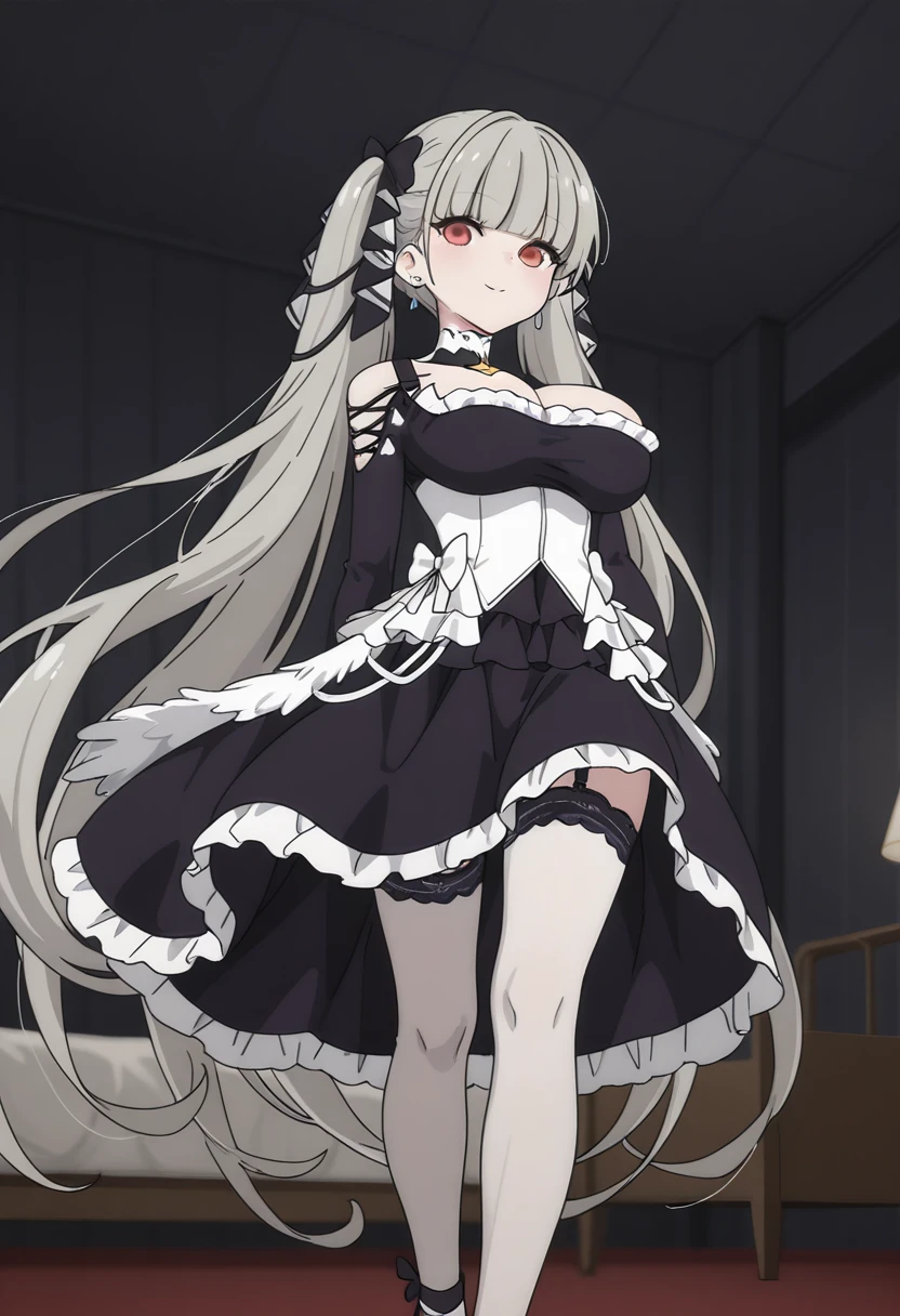 (1 short girl standing) on peak of high mountain, skinny, arms behind back, behind back, tiptoe, looking at viewer, (full body:1.2), BREAK, (absurdly long straight white hair), blunt bangs, BREAK, half-closed eyelids, nose blush, BREAK, narrow shoulders, inconceivably short torso, (disproportionately gigantic huge perky breasts:1.3), inconceivably narrow waist, (long skinny legs), BREAK, short black capelet, BREAK, (sandwich huge breasts between frilled white ligatures), emphasize cleavage, BREAK, (very short black high-waist skirt:1.3), thigh gap, long black thighhighs, (highheels)