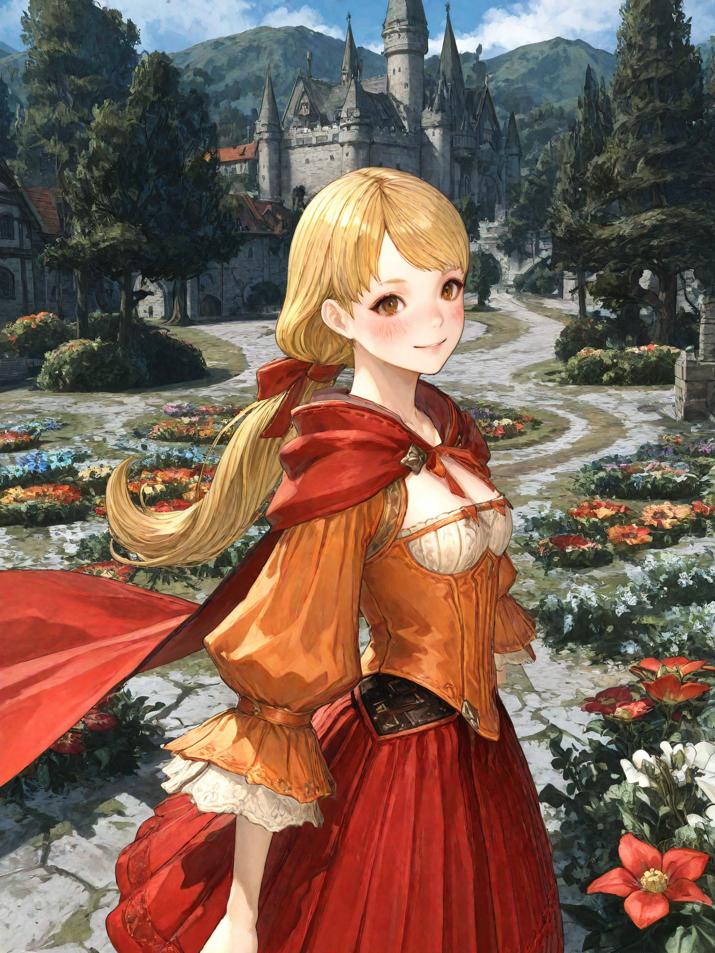<lora:Alma_Beoulve_FFXIV_0R:0.7>, alma_ffxiv, <lora:CC_Aesthetic_Masterpiece_1:1>
<lora:ST_Hidari_Atelier_0R:0.7>, hirdariatelier
brown eyes, blonde hair, long hair, low ponytail, swept bangs, hair ribbon, red ribbon, small breasts
orange dress, red cape, long sleeves, red skirt
masterpiece, best quality, amazing quality, very aesthetic, absurdres, highres, detailed background, anime style
1girl, (detailed eyes:1.2), (detailed face:1.2), detailed skin
facing viewer, looking at viewer, dynamic pose, blush, smile
(outdoors, fantasy, town, castle, tree, bush, flower bed)