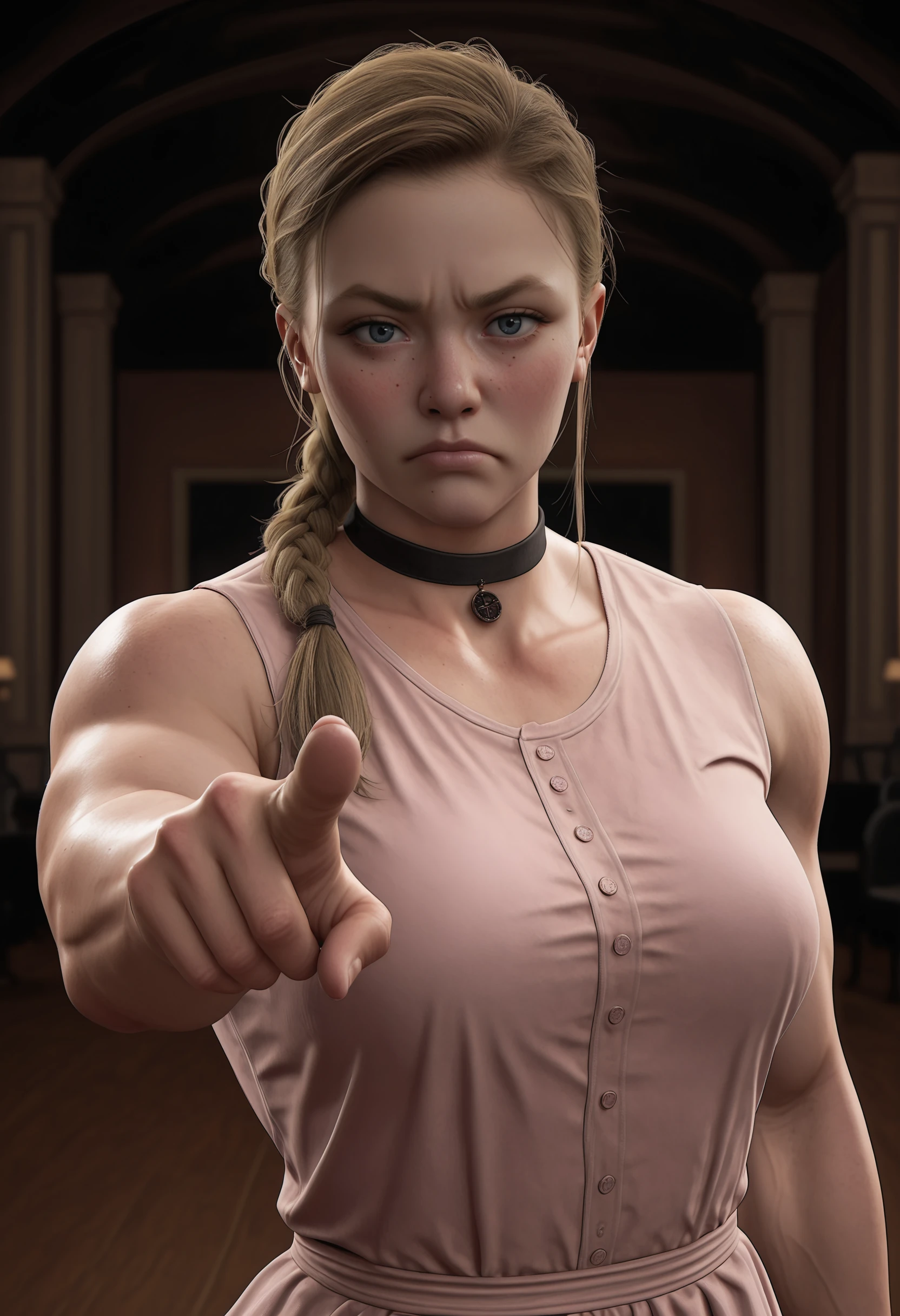 masterpiece, best quality, amazing quality, very aesthetic, absurdres, newest, <lora:AbbyAndersonILf:1> 4bbilf, 1girl,blonde hair, single braid, blue eyes, pink dress, choker, sleeveless, upper body, standing, looking at viewer, blush, frown, muscular female, pointing at viewer,
blurry background, ballroom,