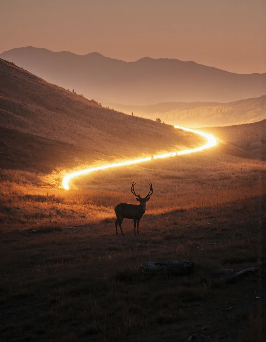 Art by Brooke Shaden. A photo-realistic shoot from a far camera angle about a silhouette of a deer standing on a hill with mountains in the background, illuminated by a warm, golden light. the image also shows a serene, distant landscape with rolling hills and a distant mountain range in the distance. on the middle of the image, a single deer stands on the hill, facing the viewer, with its full body visible. the deer has large antlers and is standing still, with no other objects in sight. it appears to be a deer, with a slim body and a prominent antler. the background features a hazy, misty landscape with distant mountains and a glowing, ethereal light trail behind the deer, creating a sense of depth and dimensionality. the lighting is warm and soft, casting gentle shadows on the deer and the surrounding hills. the overall effect is one of tranquility and serenity.
