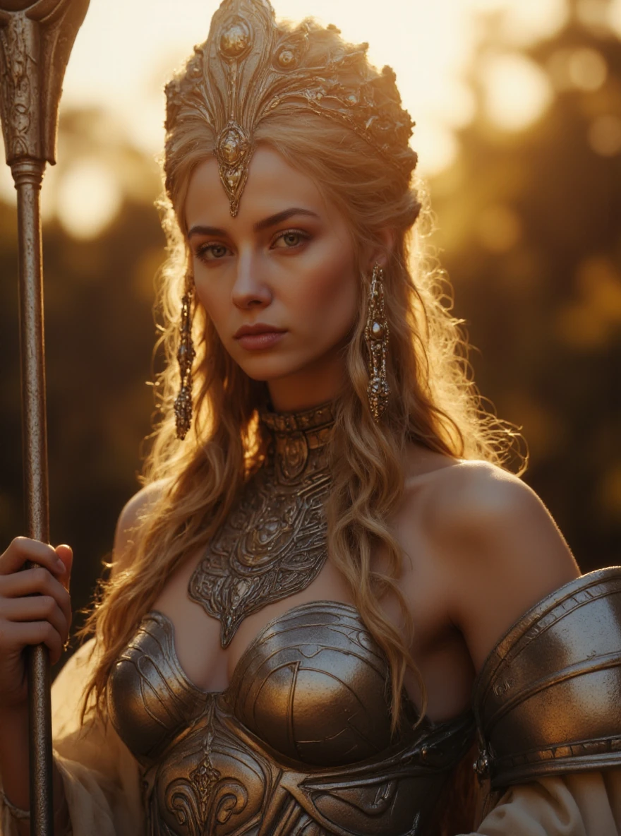 high resolution photo of a woman with long blonde hair and piercing blue eyes wearing, Pr13st1y_R0b3s, while holding a staff outdoors. her bare shoulders glow in the golden hour sun as the reflective metal of her armor glistens in the sunlight. The ribbed white fabric of her gown contrasts with the reflective metal of her armor
