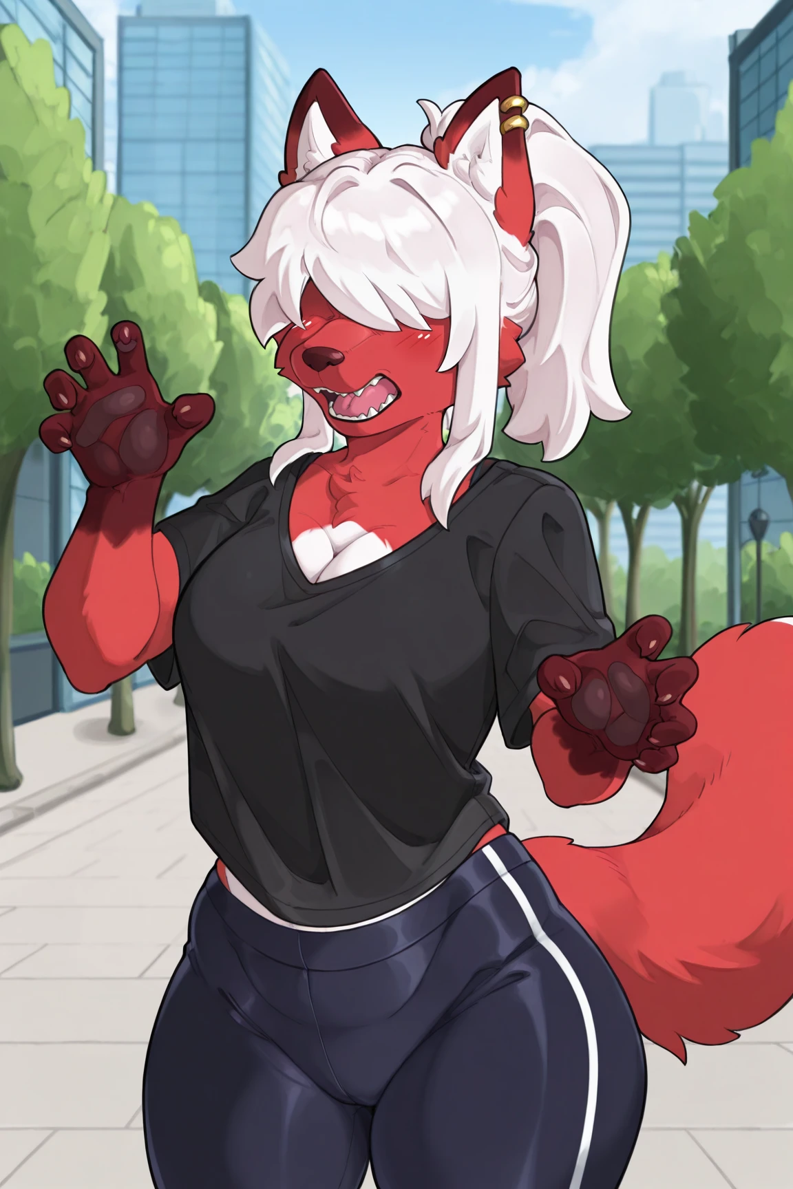 masterpiece, best quality, amazing quality, very aesthetic, high resolution, ultra-detailed, absurdres, newest, scenery, depth of field, scenery, volumetric lighting, by thenewpassion, furry, furry female, anthro, fox, canine, red fur, body fur, medium breasts, ear piercing, furry female, hair over eyes, pawpads, paws, piercing, light red hair, 1girl, plaza, outdoors, solo, cleavage, animal ears, sharp teeth, tail, snout, teeth, blush, open mouth, shirt, black shirt, animal ears, pants, ponytail, claws, dark blue yoga pants, (fingers, 5 fingers:1.4)