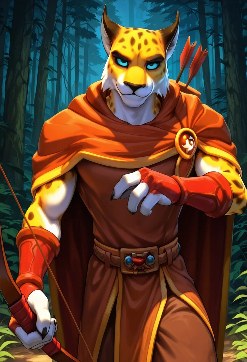 masterpiece, best quality, amazing quality, very aesthetic, absurdres, newest, high quality, detailed, HunterSpyro, 1boy, solo male, cheetah, anthro, mature male, broad shoulders, black eyes, blue sclera, animal ears, athletic build, yellow body, light underbelly, spots, brown shirt, red cloak, red gauntlets, bow and arrow, looking at viewer, smiling, outdoors, forest, standing, dark brown pants, volumetric lighting, holding bow and arrow, action pose, dynamic shot, cowboy shot
